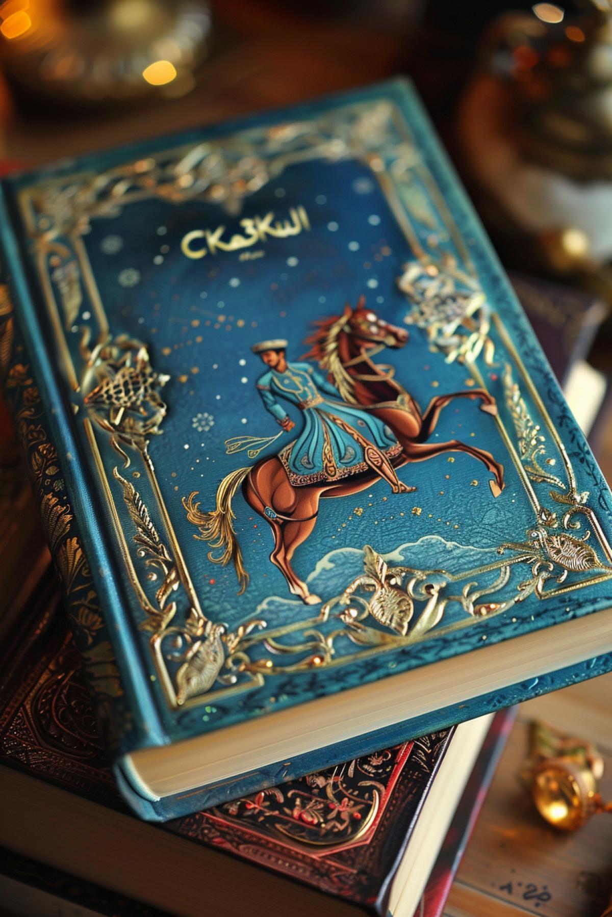 On the table thick hard cover Arabian Nights illustrated book cover bright colours Arabian prince riding flying horse made of polished wood high in skies many details title \"CKA3Ku\" Arabian ornament framework