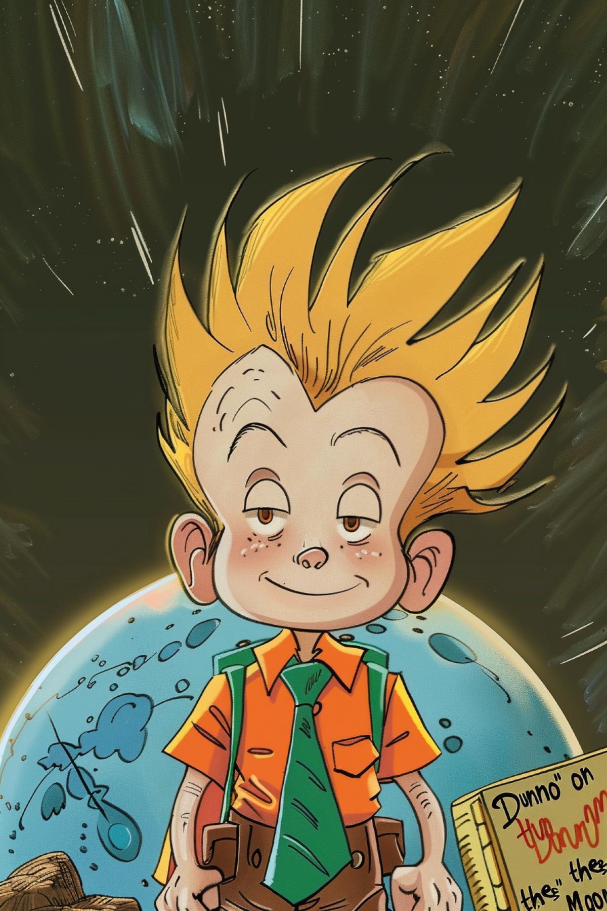 Book cover with text \"Dunno\" \"on the\" \"Moon\" boy with spiky blond hair, orange shirt and green tie in Ed E Temple cartoon style