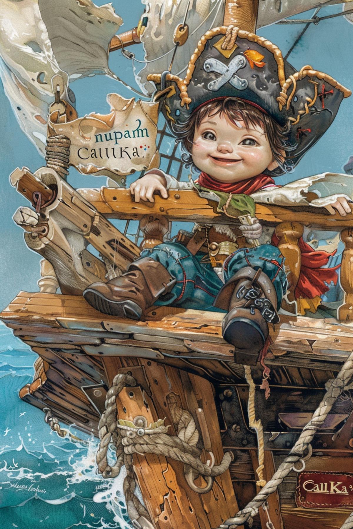 Little playful pirate aboard of pirates vessel illustration upon hardback book cover in simple framework title \"nupam CalllKa\"