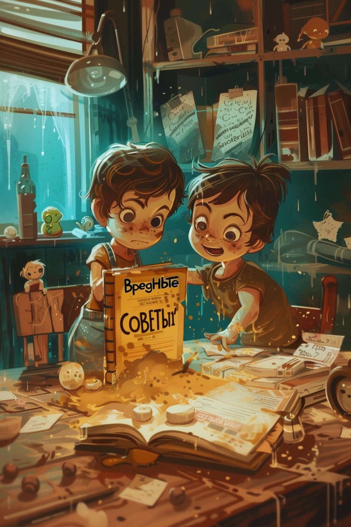 Upon the table childrens book entitled \"BpegHbIe COBETbI\" with illustration of two playful brother and sister among terrible mess at home