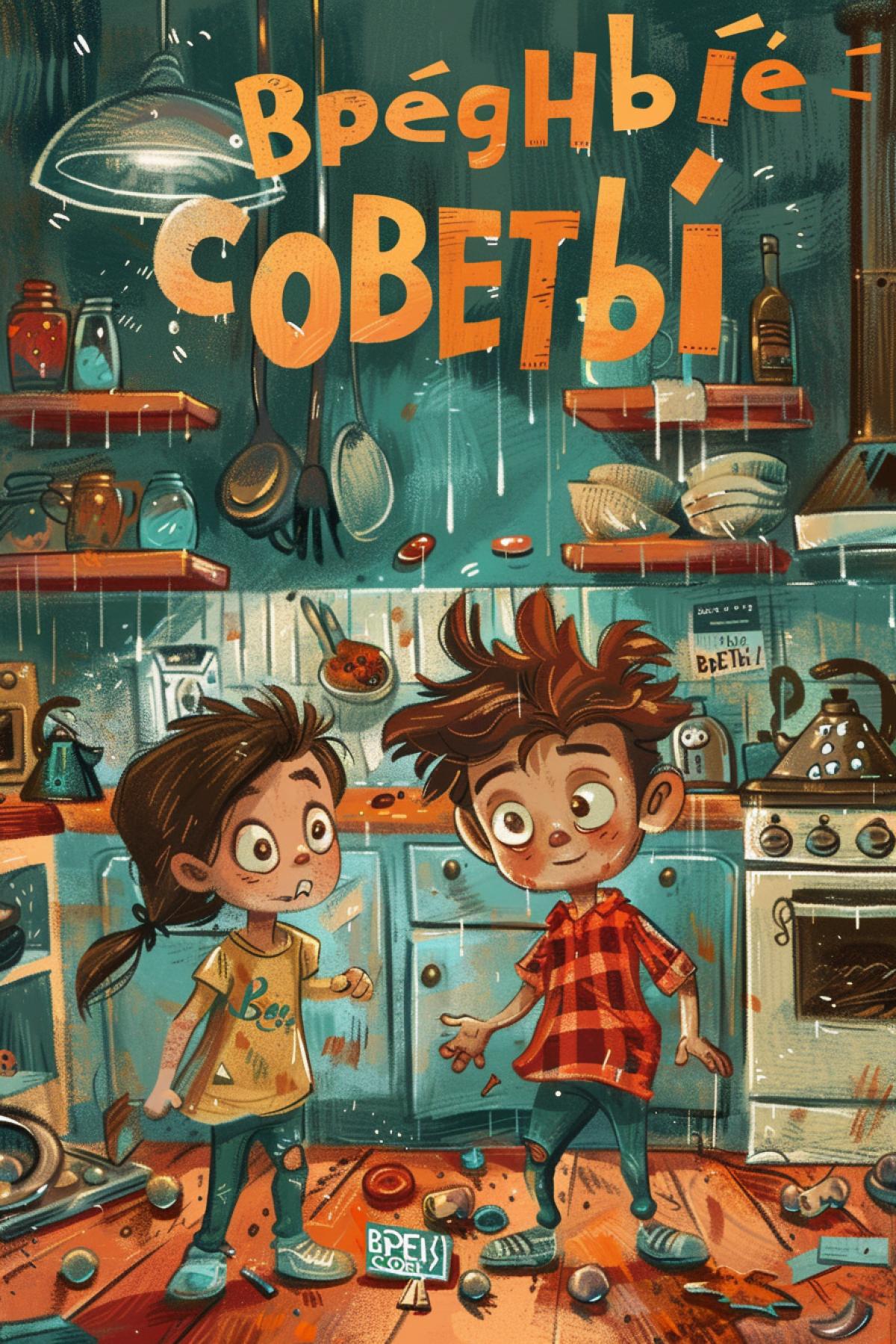 Childrens book cover entitled \"BpegHbIe COBETbI\" big letters with cover illustration of two playful brother and sister among terrible mess at home