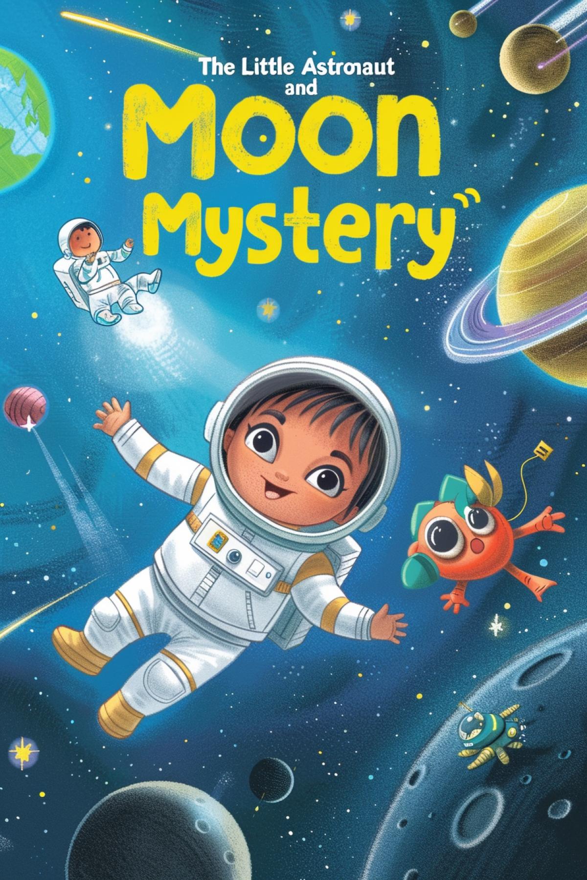 Design a captivating book cover for \"The Little Astronaut and the Moon Mystery.\" The cover shows a young girl in a cute astronaut suit, floating in space with a wide-eyed expression of wonder. Shes surrounded by friendly alien creatures and bright, twinkling stars. The Earth and the Moon are prominently displayed in the background, with the Moon featuring an intriguing, glowing symbol. The title is written in large, bold, and futuristic letters across the top, with cosmic elements like shooting stars and planets enhancing the magical, adventurous feel of the cover.