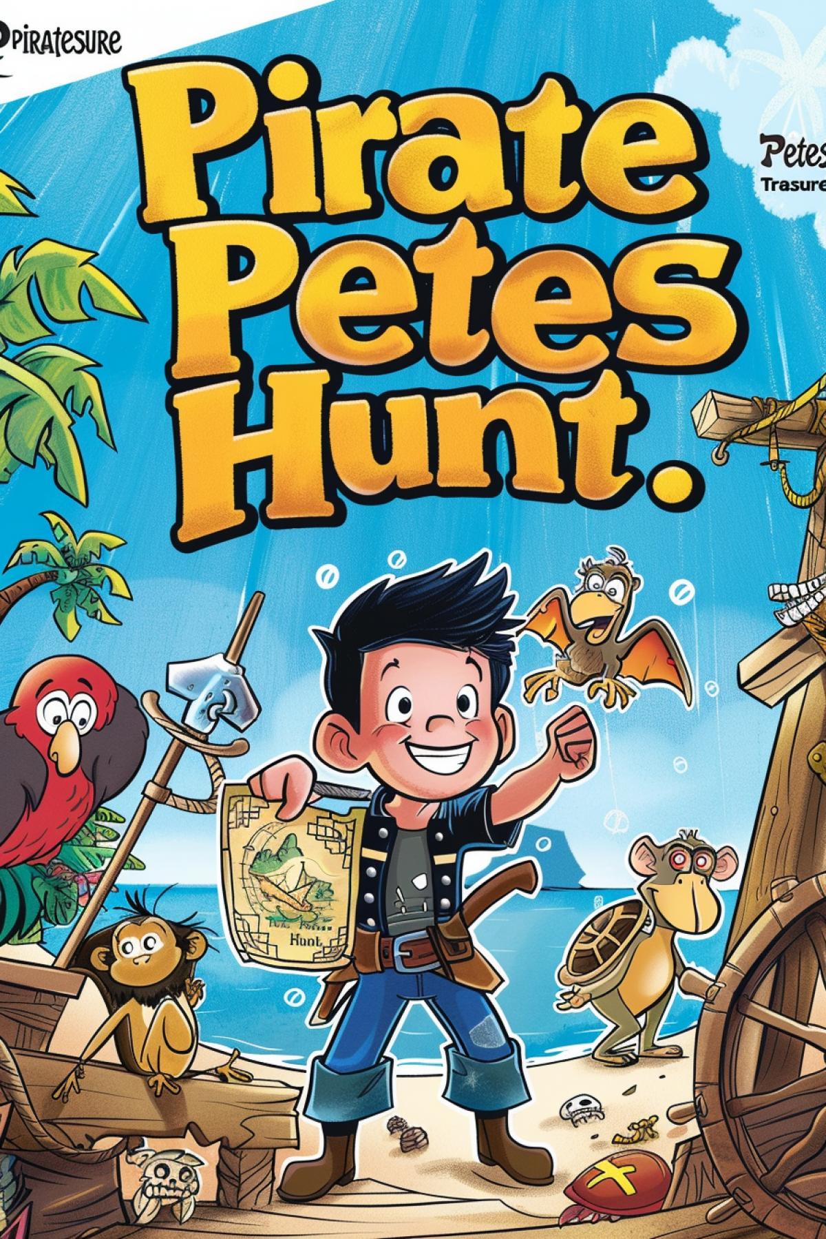Design a delightful book cover for \"Pirate Petes Treasure Hunt.\" The cover showcases a brave young pirate boy named Pete, standing proudly on the deck of his ship with a parrot on his shoulder and a treasure map in hand. Surrounding him are his loyal crew of animal friends, including a monkey, a turtle, and a dolphin, all looking eager for adventure. The background features a tropical island with a golden treasure detailed partially buried in the sand, sparkling under the sun. The title is written in bold, playful letters with a nautical theme, and pirate-themed elements like skulls, crossbones, and ship wheels adorn the cover.