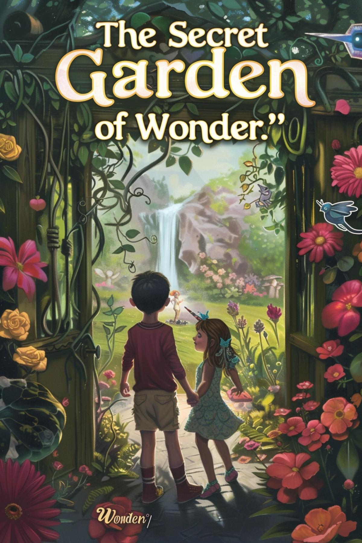 Create an enchanting book cover for \"The Secret Garden of Wonder.\" The cover features a young boy and girl discovering a hidden garden behind an old wooden gate covered in ivy. Inside the garden, vibrant, oversized flowers, fantastical creatures like unicorns and fairies, and a sparkling waterfall create a dreamlike scene. The children are depicted with wide-eyed amazement and excitement, standing in the gateway. The title is in whimsical, colorful letters at the top, with tendrils of vines and flowers weaving around it, inviting young readers into a world of magic and discovery.