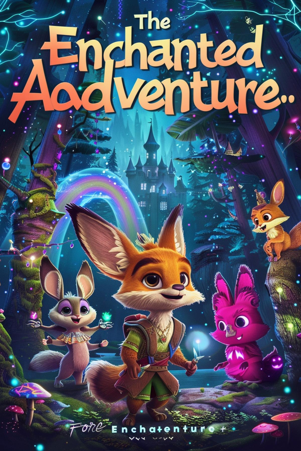 Create a vibrant and whimsical book cover for a childrens story titled \"The Enchanted Forest Adventure.\" The scene features a group of cheerful, anthropomorphic animals, including a rabbit, fox, and owl, exploring a magical forest filled with sparkling fairy lights, colorful mushrooms, and towering, twisted trees. The main characters are in the foreground, with joyful expressions and adventurous 4ks. The background includes a beautiful rainbow arching over a crystal-clear river, with a majestic castle peeking through the trees in the distance. The title is written in playful, bold letters at the top, surrounded by glittering stars and magical swirls.