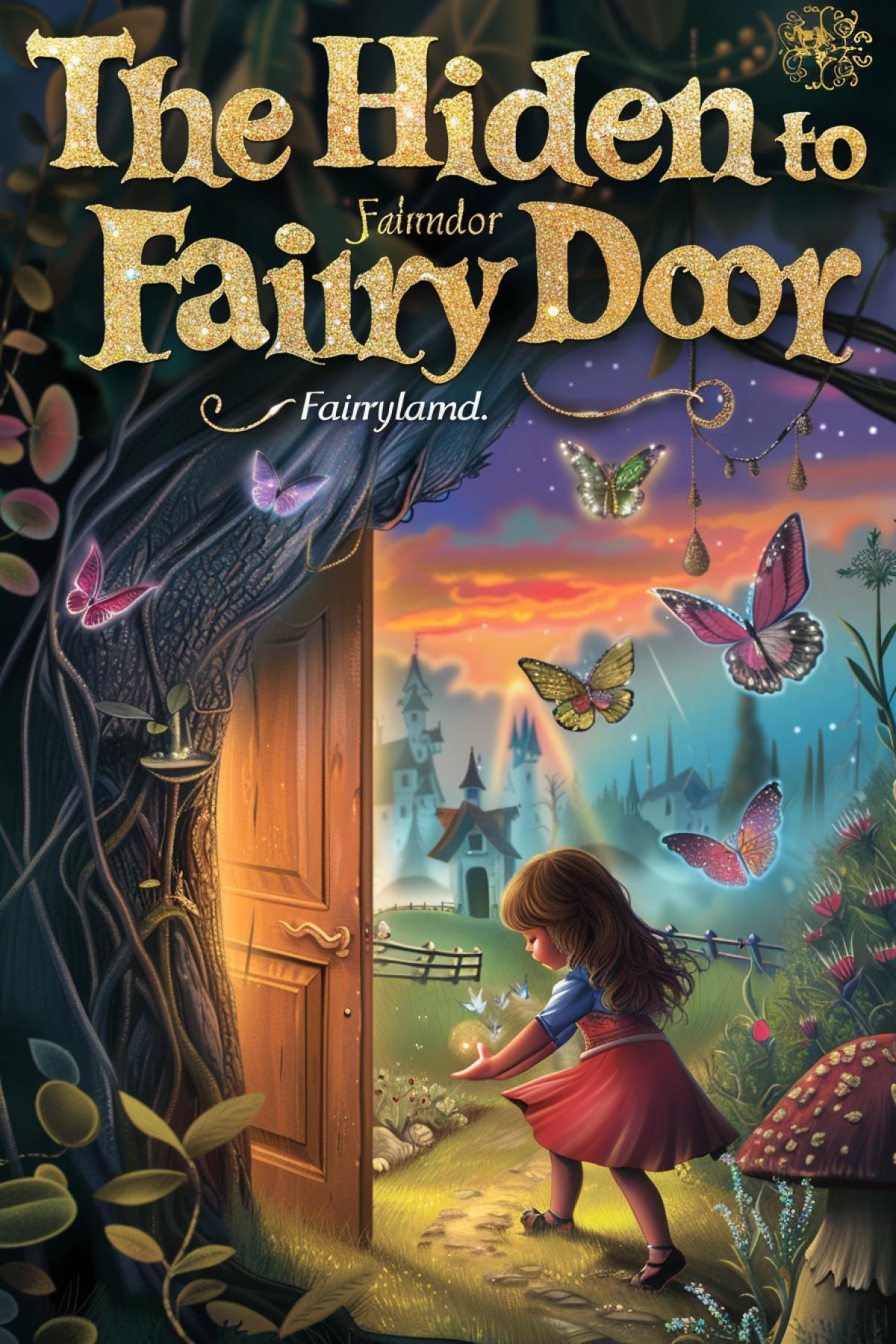 Create an enchanting cover for \"The Hidden Door to Fairyland.\" The cover features a young girl discovering a hidden door in an old tree, glowing with magic. As she opens the door, she is greeted by a world of fairies, with wings shimmering in various colors, flying around a picturesque fairy village with mushroom houses and flower gardens. The background includes a beautiful sunset sky with hues of orange and purple. The title is in whimsical, glittering letters at the top, with vines and flowers intertwining around it, capturing the magical essence of the story.