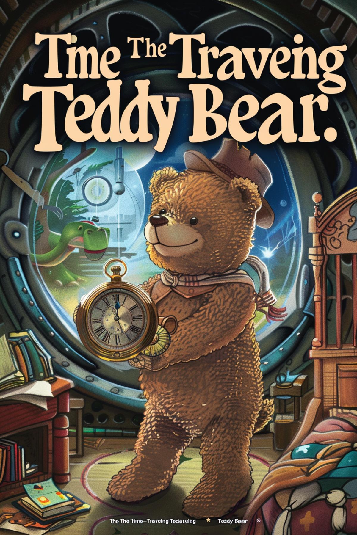 Design a magical cover for \"The Time-Traveling Teddy Bear.\" The cover features a lovable teddy bear wearing a tiny explorers hat and holding an antique pocket watch. The teddy bear stands in front of a swirling portal, with glimpses of different historical erasdinosaurs, medieval castles, and futuristic citiesvisible through the portal. The background includes a cozy childs bedroom with toys scattered around, hinting at the teddy bears origins. The title is written in bold, colorful letters with clock gears and time-travel motifs, creating an intriguing and adventurous vibe for young readers.