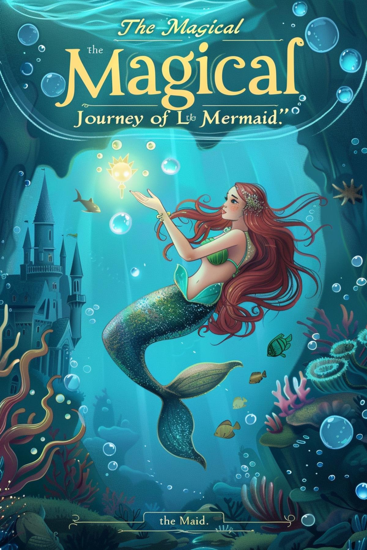Create a stunning book cover for \"The Magical Journey of Luna the Mermaid.\" The cover features Luna, a beautiful mermaid with flowing, iridescent hair and a sparkling tail, swimming through an underwater world filled with vibrant coral reefs, playful dolphins, and glimmering treasure detaileds. She holds a glowing pearl that illuminates the scene with a magical light. The background showcases an enchanting underwater castle in the distance. The title is written in elegant, shimmering letters at the top, surrounded by bubbles and marine motifs, inviting readers to dive into Lunas enchanting adventures.