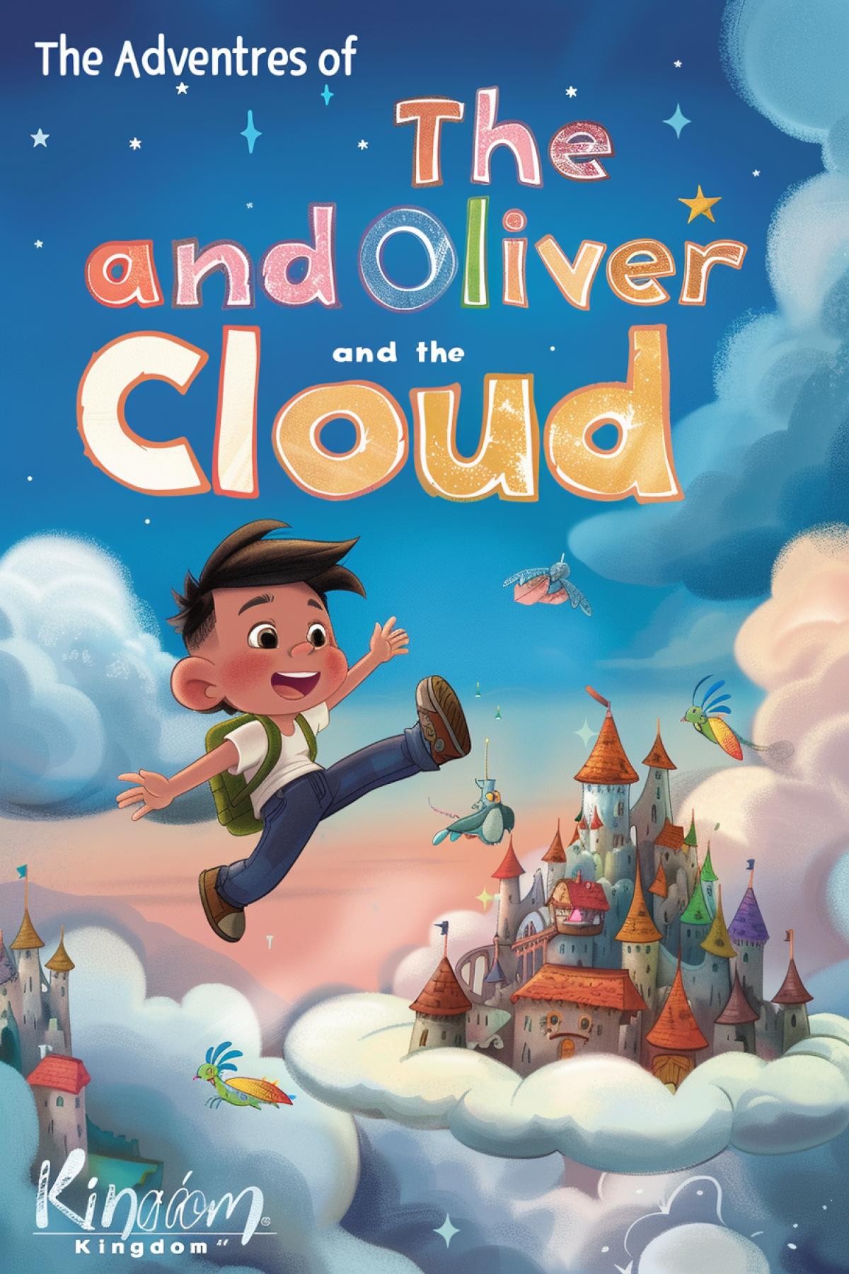 Design a captivating cover for \"The Adventures of Oliver and the Cloud Kingdom.\" The cover depicts a young boy named Oliver soaring through the sky on a fluffy white cloud, surrounded by whimsical, colorful creatures like flying pigs, rainbow dragons, and talking clouds. The sky is a beautiful gradient of blues and pinks, with a radiant sun peeking over the horizon. The background includes a magical cloud kingdom with towers made of clouds and sparkling rainbows. The title is in bold, playful letters with star and cloud decorations, making the cover look enchanting and full of wonder.