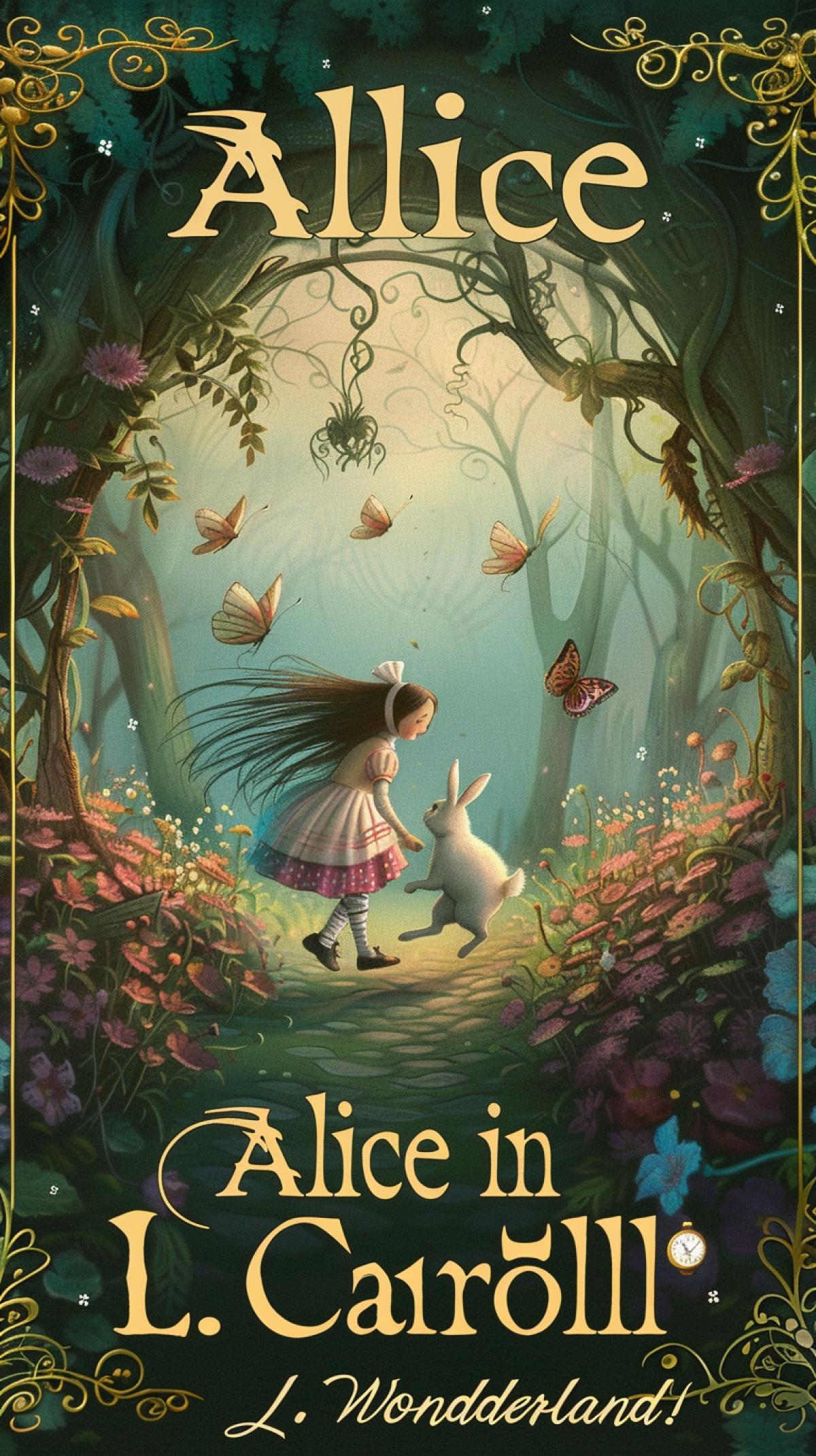 Book cover, the inscription \"Alice in Wonderland\", \"L. Caroll\", pink and green elegant garden with arches made of vines and clematis, under the arch of Alice from a fairy tale, a white rabbit in a pince-nez and a gold watch on his paw is running, always in a hurry , atmospheric, fabulously many complex and intricate details, in a golden frame in the form of a thin elegant vignette with curls, style raw
