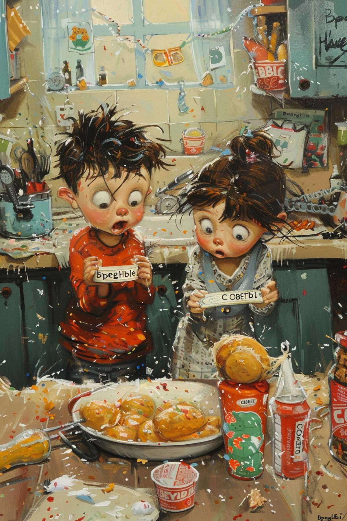 Upon the table childrens book entitled \"BpegHbIe COBETbI\" with illustration of two playful brother and sister among terrible mess at home