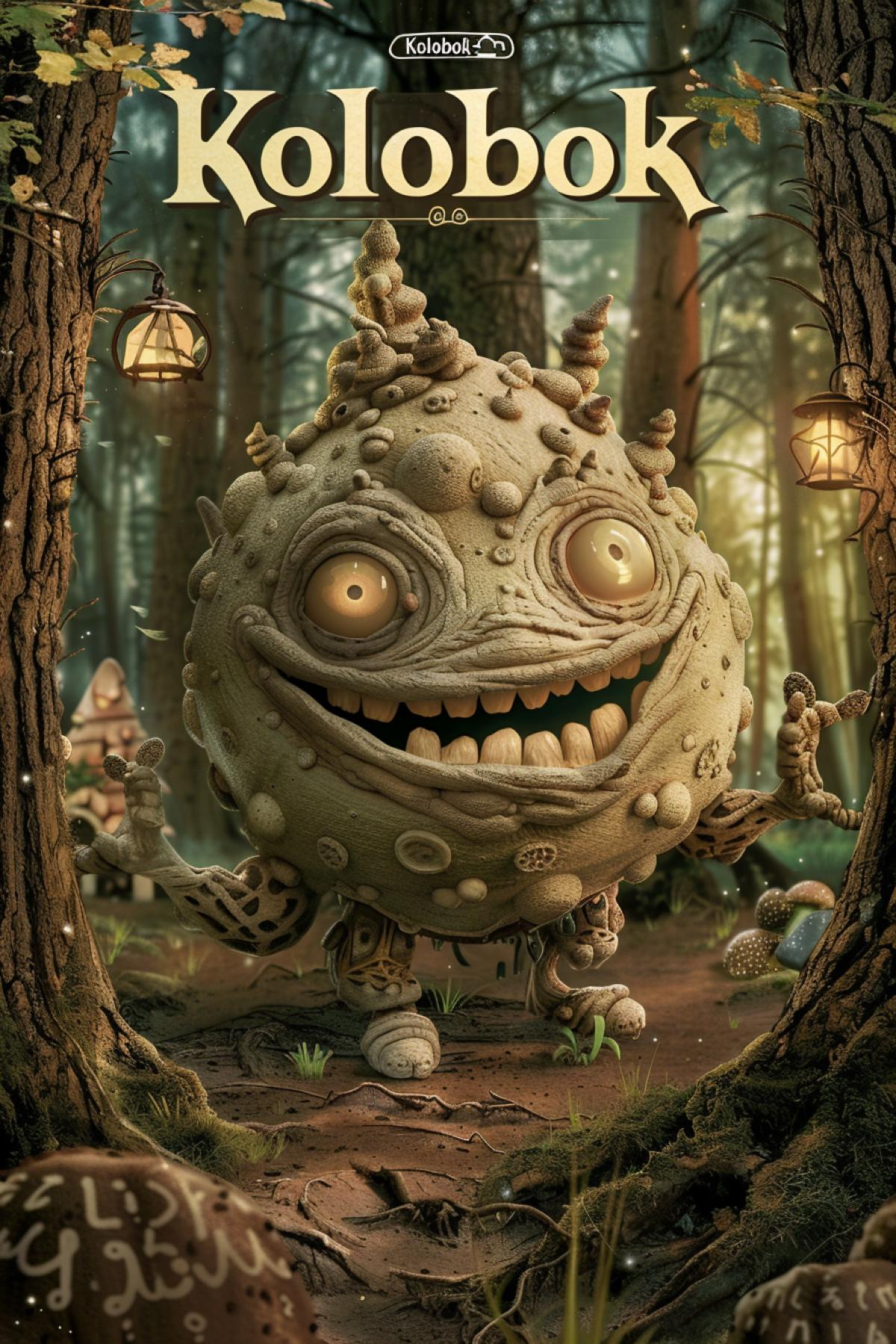 cover of the childrens book \"Kolobok\" . evil round dough creature in a fairy forest