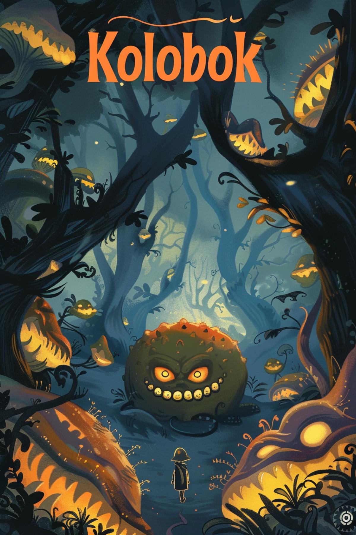 cover of the childrens book \"Kolobok\" . evil round dough creature in a fairy forest
