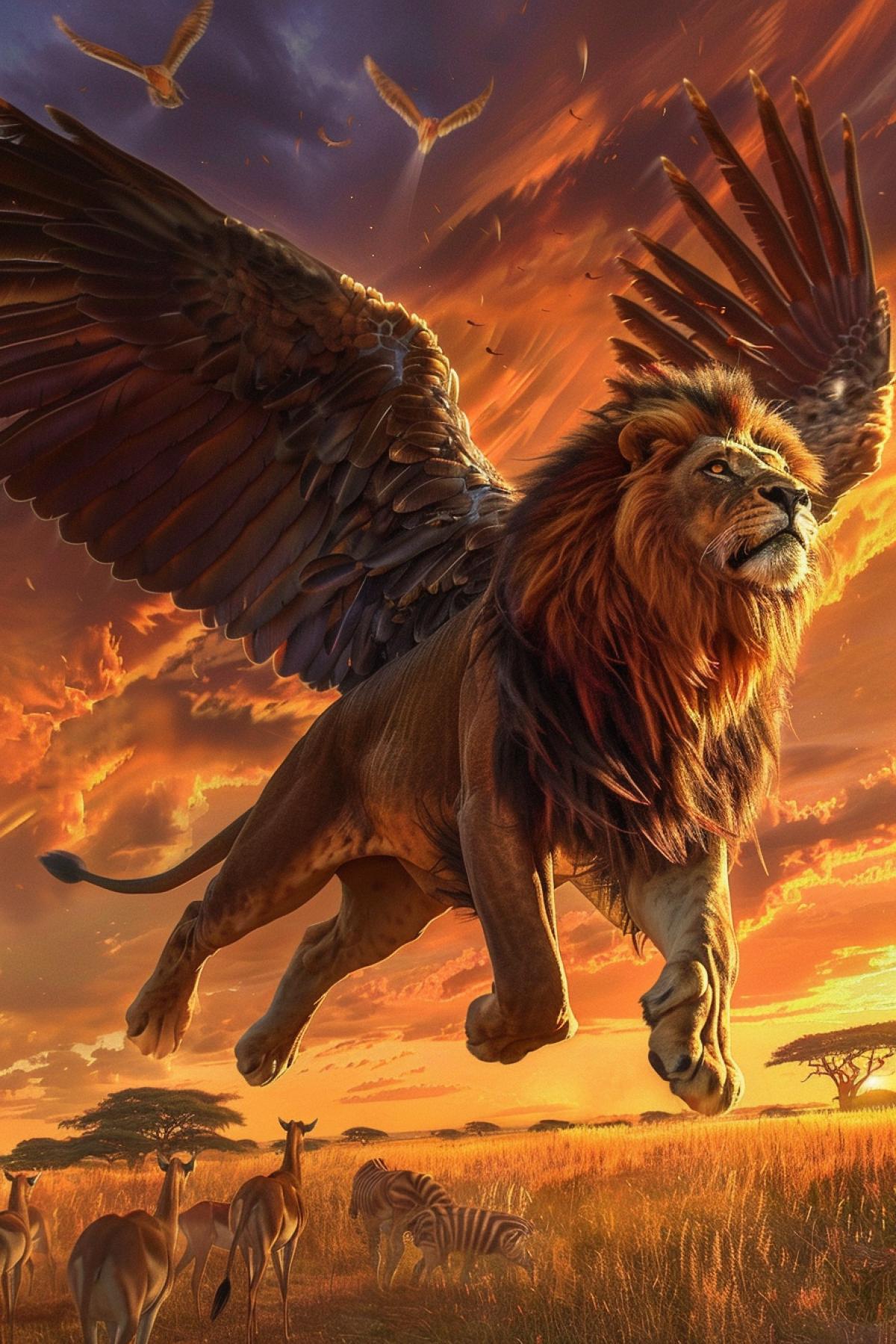 Create an imaginative scene featuring a majestic lion with large, feathered wings soaring above the African savannah. The lions mane flows in the wind as it glides gracefully through the sky, casting a shadow over the golden plains below. Herds of gazelles and elephants look up in awe at the king of the sky. The background features a dramatic sunset, with rich oranges and purples painting the horizon, and acacia trees dotting the landscape. The com4k captures the majestic and powerful presence of the flying lion, blending realism with fantasy.