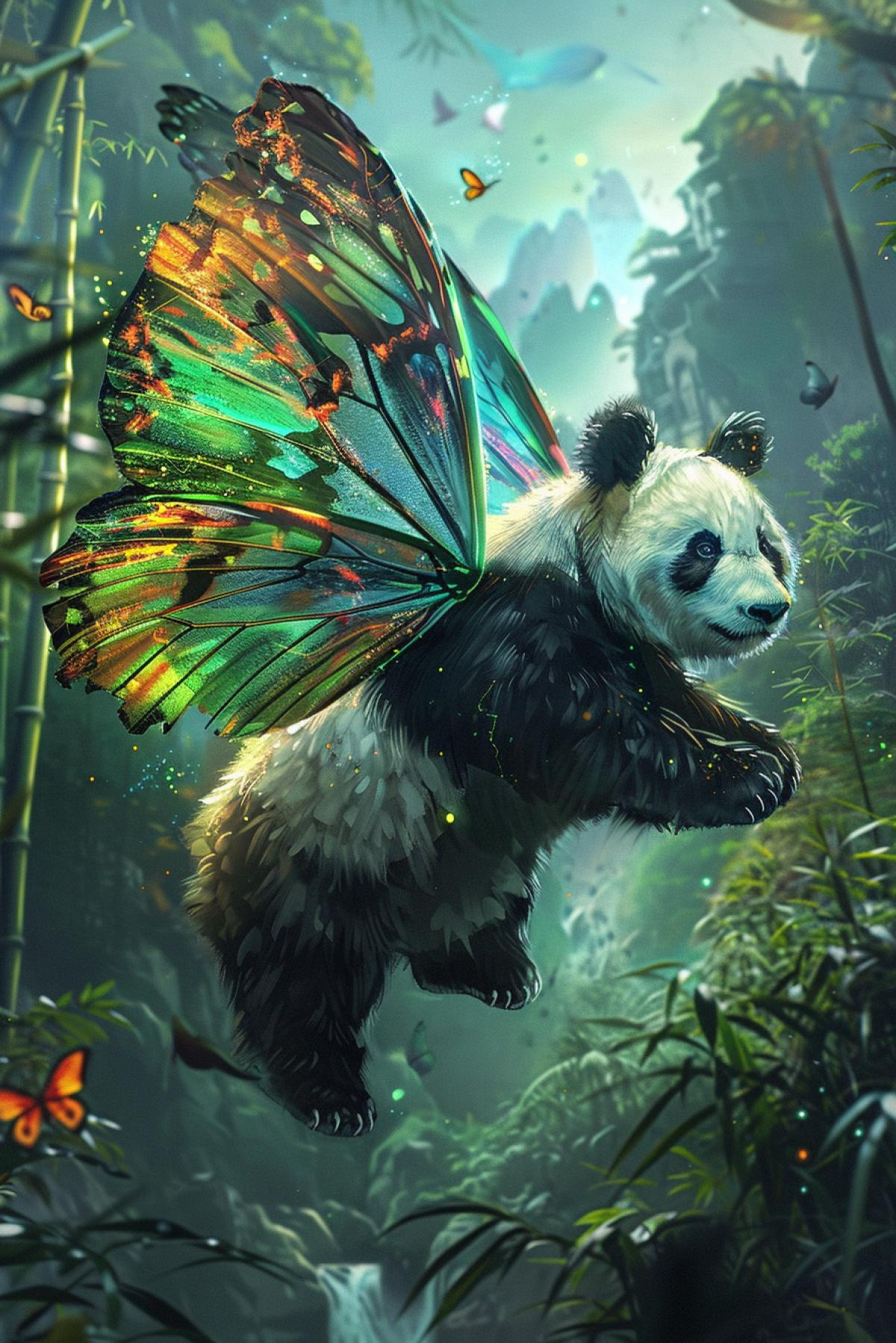 Create a fantastical scene of a giant panda with butterfly-like wings, gently floating among the bamboo forests of China. The pandas dark and white fur contrasts beautifully with its colorful, delicate wings, which shimmer in the sunlight. The background showcases a lush, green bamboo grove with towering stalks and serene mountain peaks in the distance. The com4k exudes a sense of tranquility and wonder, capturing the magical essence of a flying panda.