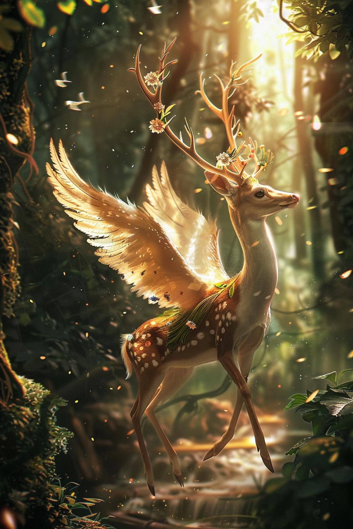 Design an enchanting image of a graceful deer with elegant, feathered wings, soaring above a dense forest. The deers antlers are adorned with flowers and vines, and its wings create a gentle breeze as it flies. The background features a mystical woodland with towering trees, dappled sunlight filtering through the leaves, and a sparkling river winding through the forest floor. The com4k captures the serene and magical nature of the flying deer, blending elements of fantasy and nature.