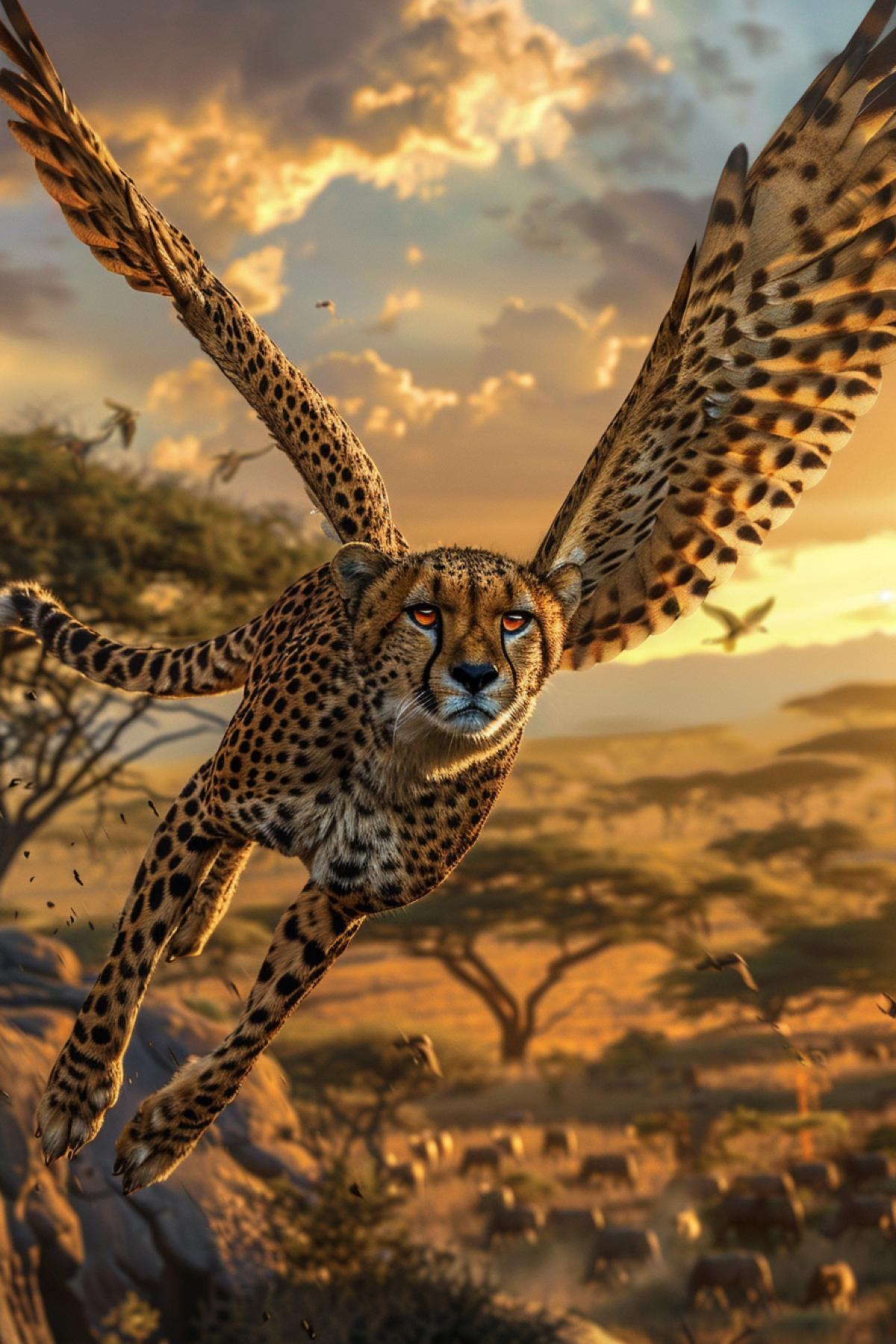 Create a captivating scene of an elegant cheetah with expansive, sleek wings racing through the sky above the African plains. The cheetahs spots and streamlined body are mirrored in its aerodynamic wings, which shimmer with golden and dark hues. Below, the savannah stretches out with acacia trees, rocky outcrops, and grazing herds. The background features a stunning sunset, casting a warm, golden glow across the landscape. The com4k captures the blend of speed, grace, and majesty, as the cheetah, known for its unmatched speed on land, now commands the skies, merging terrestrial power with aerial agility.