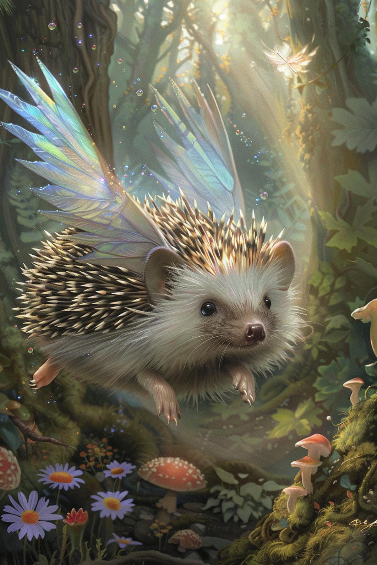 Create an enchanting scene featuring a charming hedgehog with delicate, fairy-like wings fluttering through a magical forest. The hedgehogs spines glisten softly, contrasting beautifully with its , shimmering wings that catch the light in a rainbow of colors. Below, the forest floor is adorned with blooming flowers, lush moss, and tiny mushrooms, creating a whimsical setting. The background includes towering ancient trees, with sunbeams filtering through the leaves, casting a gentle, dappled light. The com4k captures the adorable and whimsical nature of the flying hedgehog, blending the magic of a fairy tale with the charm of this beloved woodland creature.