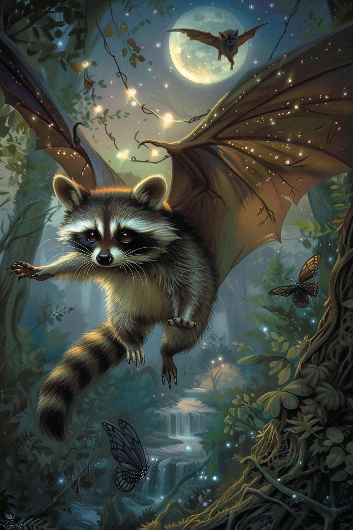 Create a whimsical scene featuring a playful raccoon with large, bat-like wings soaring above an enchanted woodland. The raccoons striped tail trails behind it as it flies, and its mischievous eyes sparkle with adventure. The wings are dark and leathery, contrasting with the raccoons fur, adding an element of fantasy. Below, the forest is alive with vibrant foliage, twinkling fairy lights, and a serene stream winding through. The background showcases a twilight sky, with stars beginning to twinkle and the full moon casting a silvery glow over the landscape. The com4k captures the raccoons playful and curious nature, merging the nocturnal wonder of the forest with the magical possibility of flight.