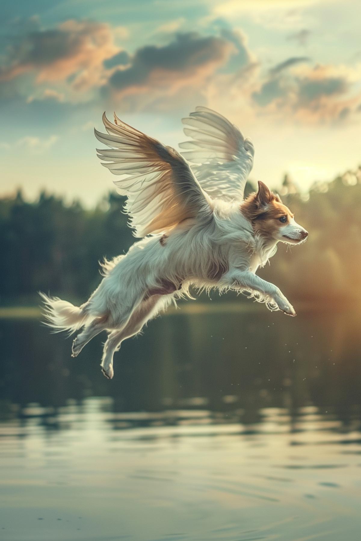 full-length portrait with a photograph of a winged mystical dog flying over the lake, high quality photo, beautiful shades, neon