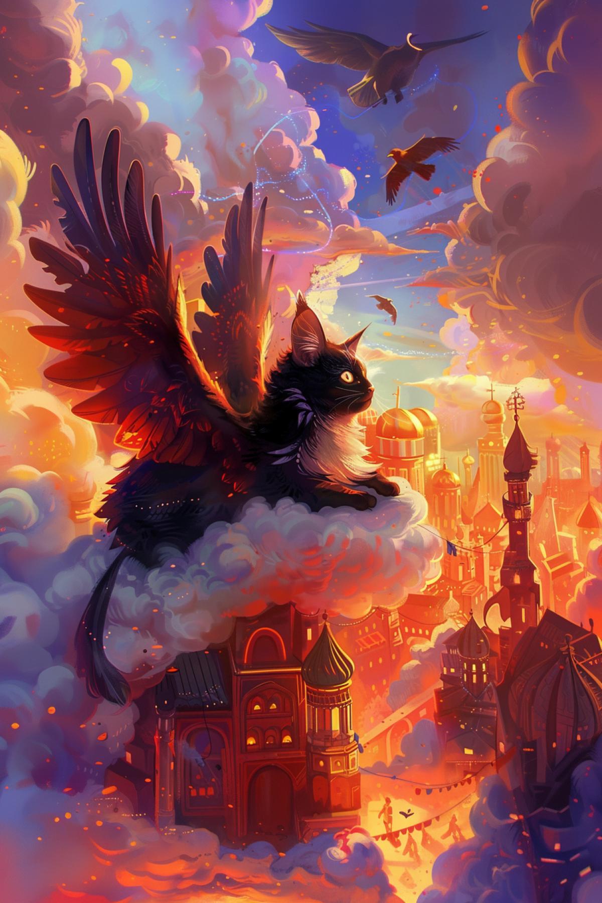 A cat with the wings of a crow lies in the clouds to meet happiness, flickering, cartoon world, unusual city, bright and rich colors