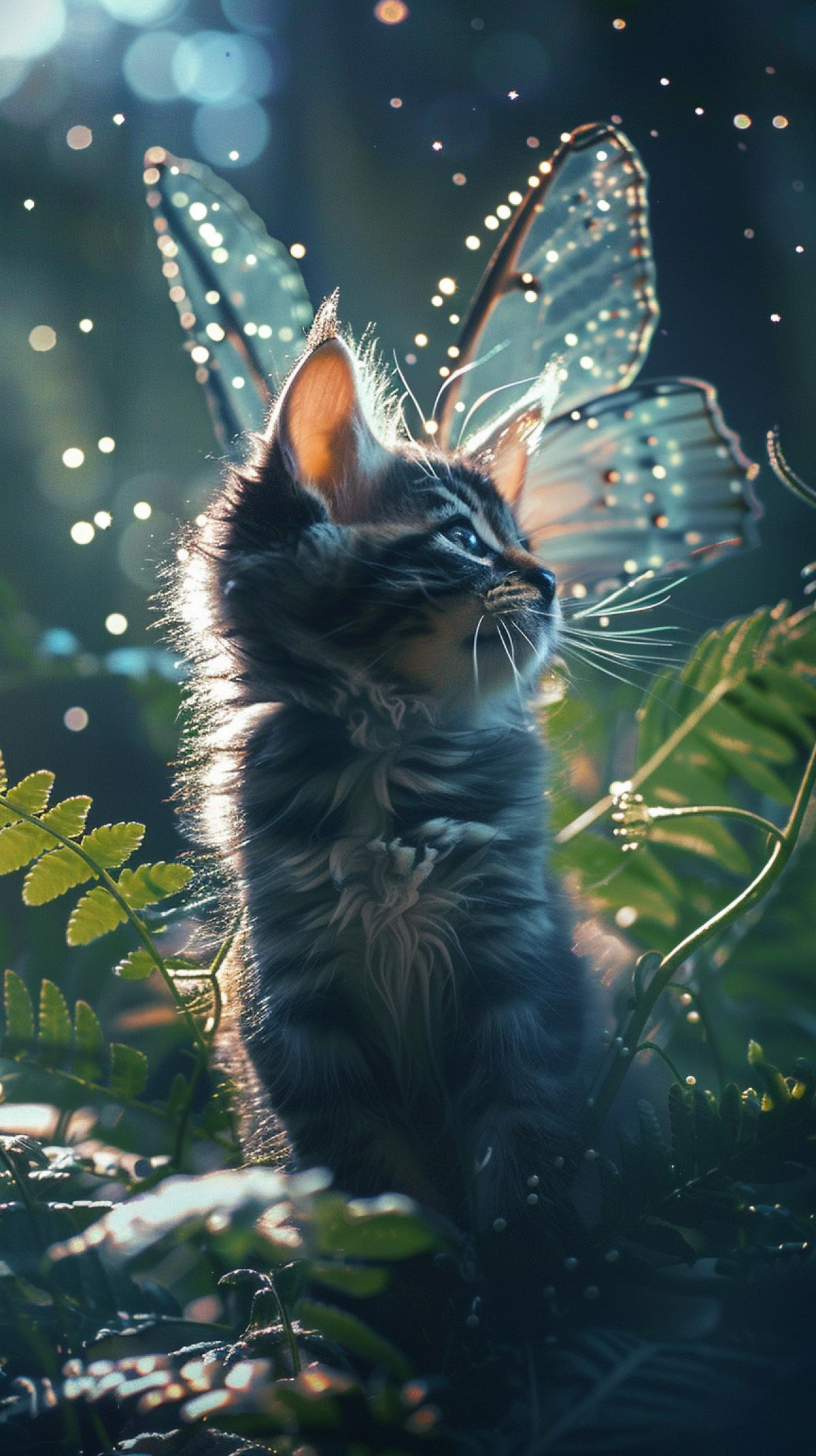 Cute and charming butterfly cat, fluffy symbiosis, absidian color, with wings interspersed with pearls. Atmosphere of magic, pollen from flowers, backlit, absidan flying kitten against a background of fern.