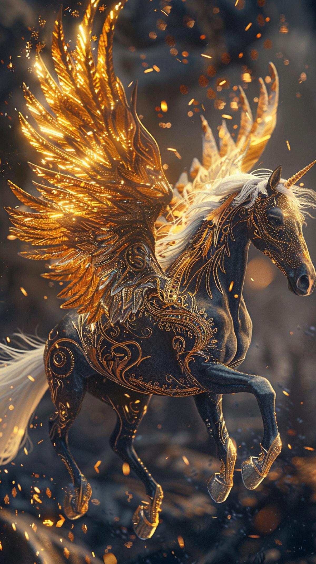 Beautiful horse in monograms and patterns of golden color, embroidery on skin. all over the body, with huge detailed fluffy obsidan wings, in flight over a fairy-tale city, high detail, line drawing, precision detail, dark horse, fantasy world ,backlit, bokeh, 4k
