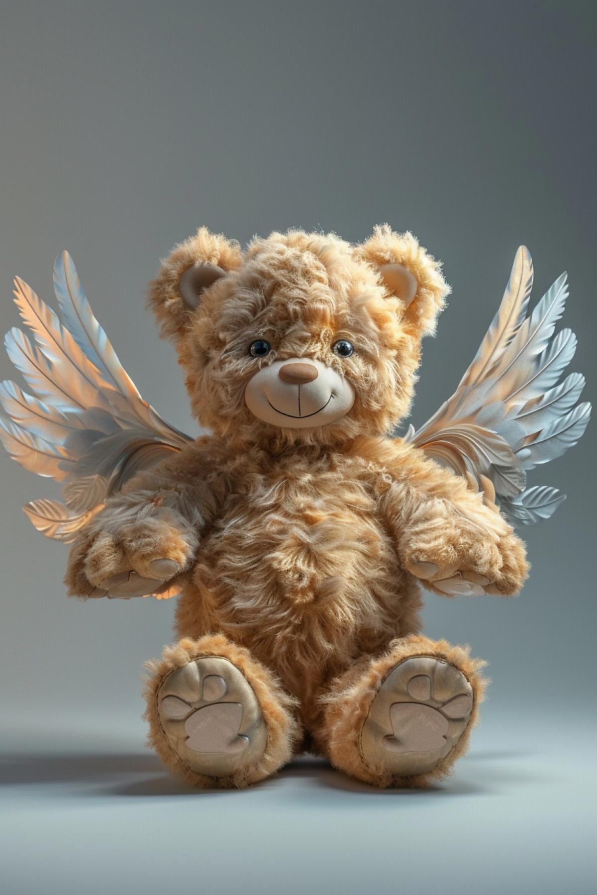 photorealistic, cheerful teddy bear with wings in the style of a pegasus