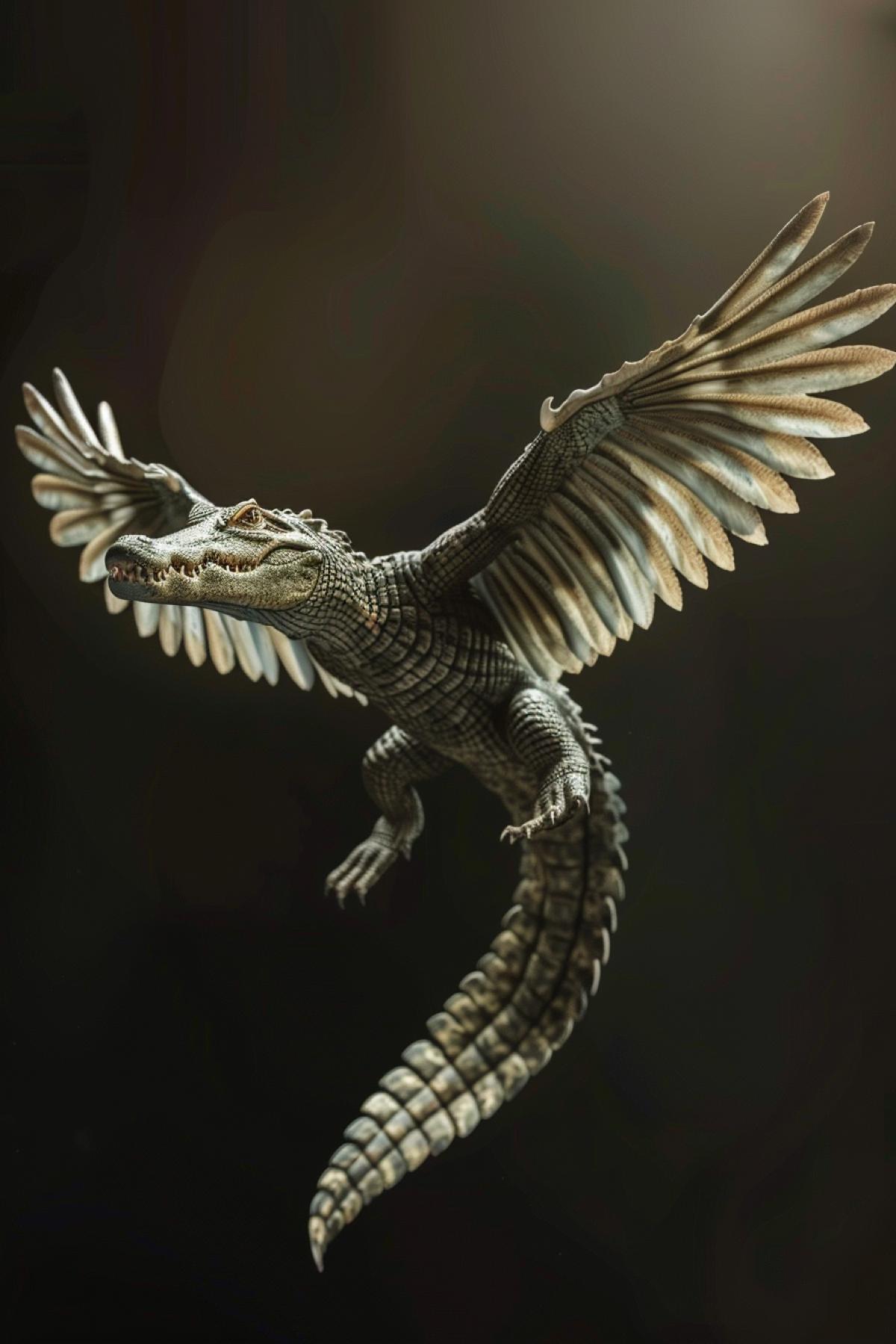 realistic crocodile flying on wings. Pegasus type