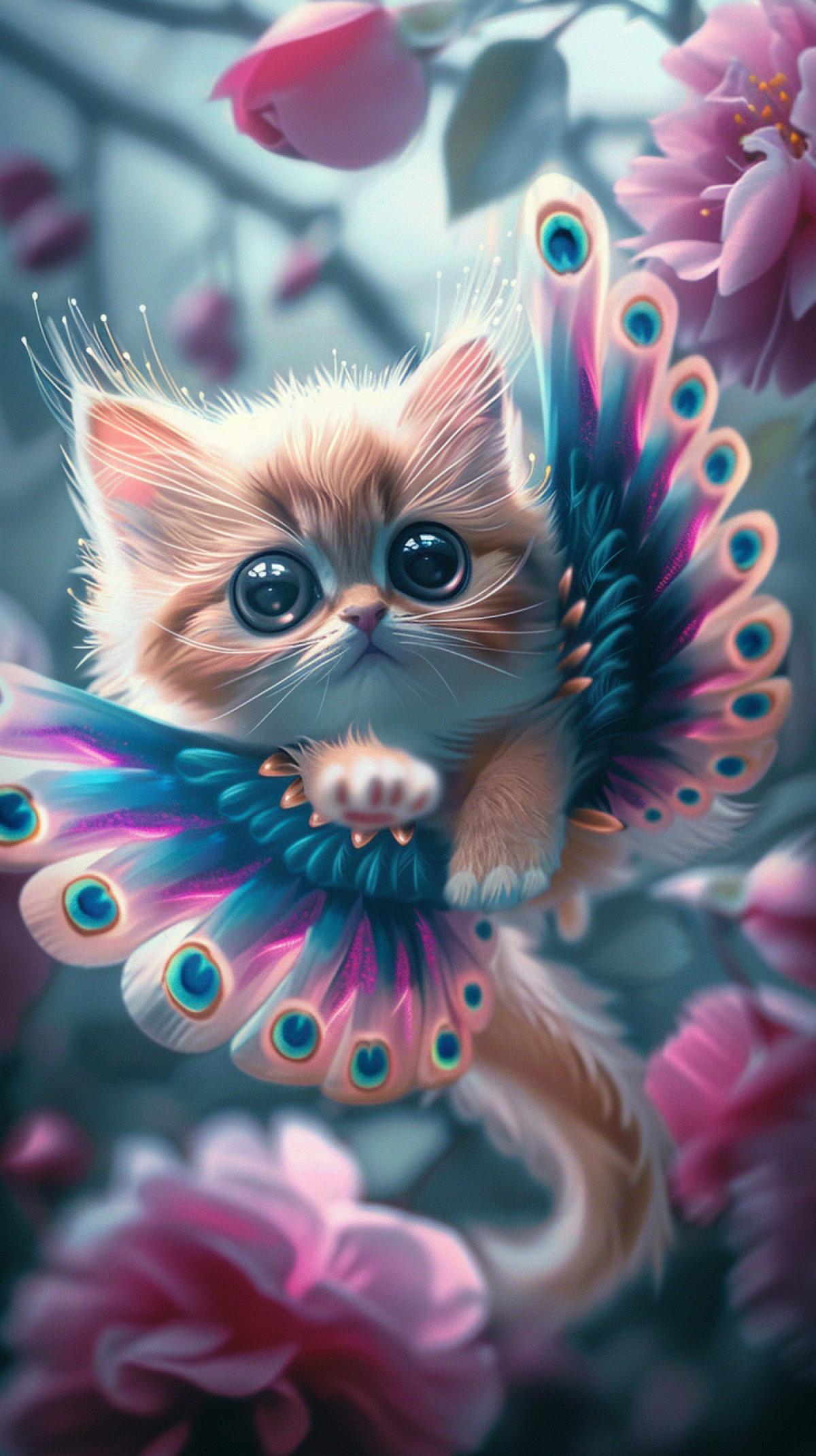 Tiny fluffy cute flying alien over rosehip flowers, art bionical, Fluffy cat peacock, alien cat, bright, surrealism, all dark eyes, with big velvet fluffy wings, hyper-detailed, hyperrealism, photorealism, big fluffy peacock wings, Gradient, juicy , cyberrealism, ultrarealism, realistic, professional photo, beautiful, aesthetically pleasing, high detail, high resolution, detailed cat