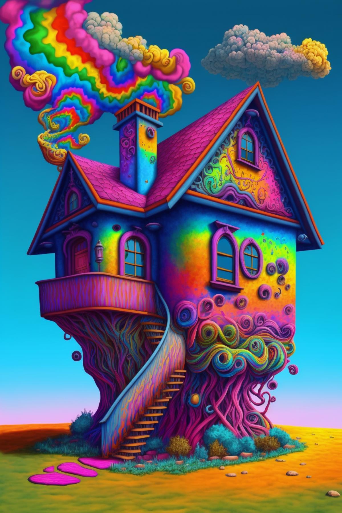Psychedelic pot-bellied house with built-in psychiatry