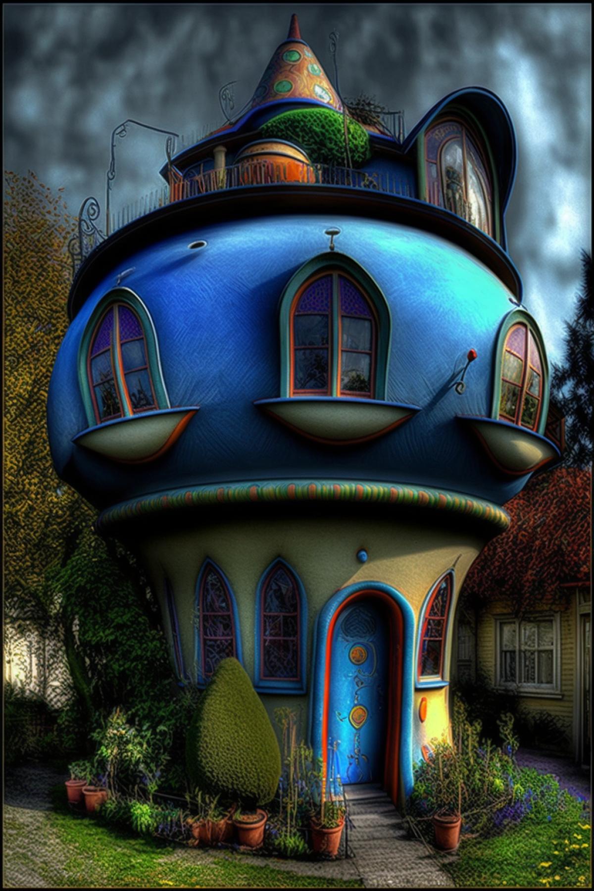 Psychedelic pot-bellied house with built-in psychiatry