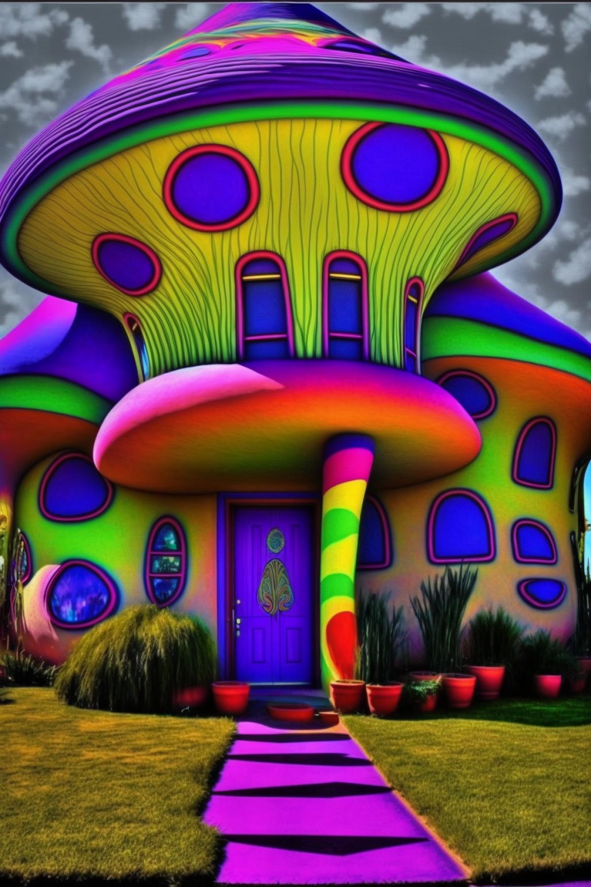 Psychedelic pot-bellied house with built-in psychiatry