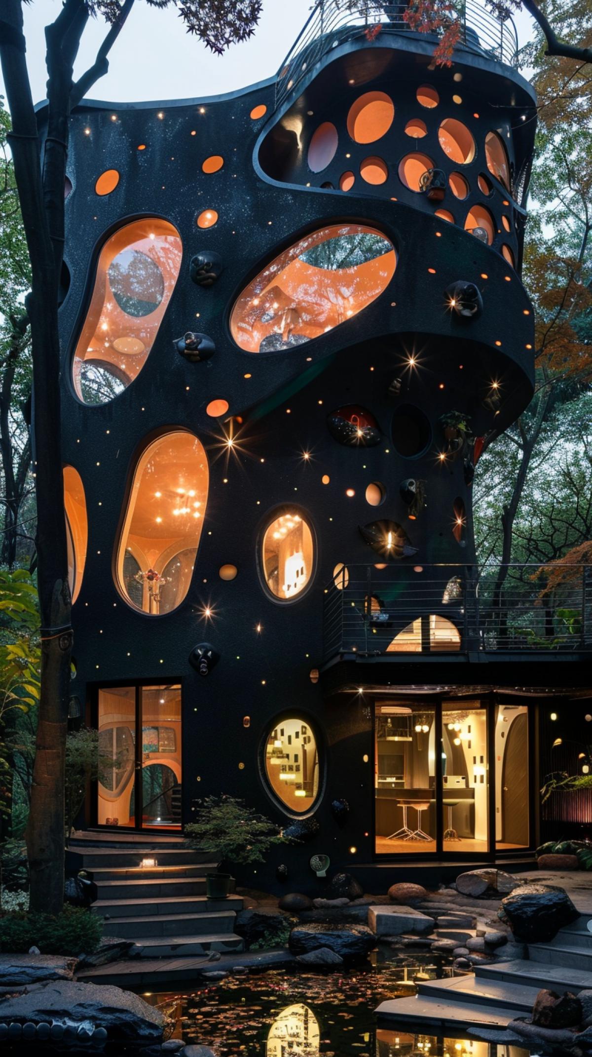 Unusual, creative two-story house, slightly psychedelic design, in the style of Yayoi Kusama, dark botanical background