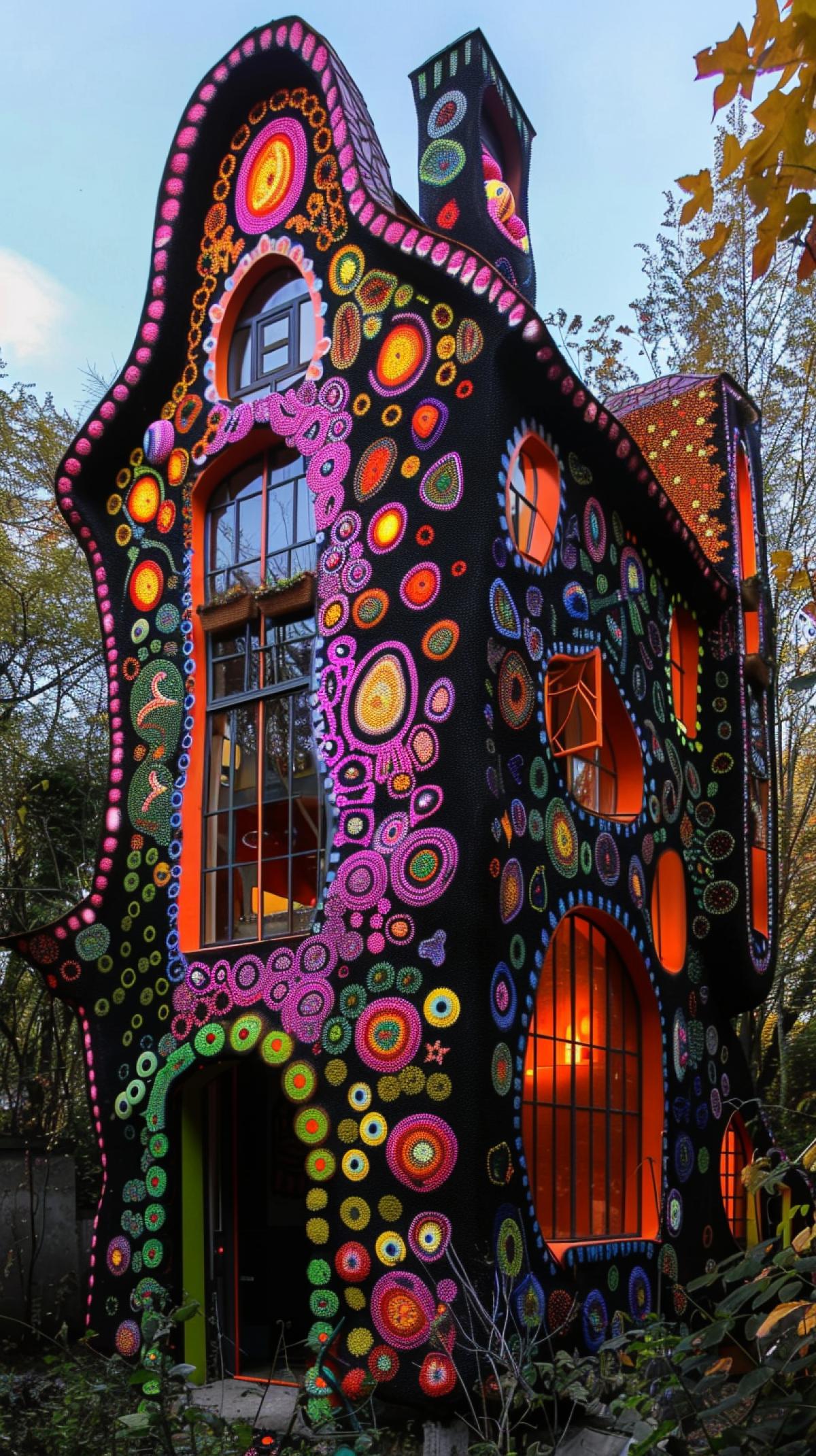 Unusual, creative two-story house, slightly psychedelic design, in the style of Yayoi Kusama, dark botanical background