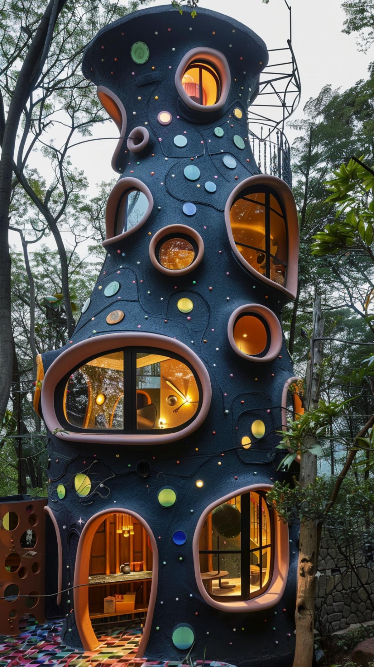 Unusual, creative two-story house, slightly psychedelic design, in the style of Yayoi Kusama, dark botanical background