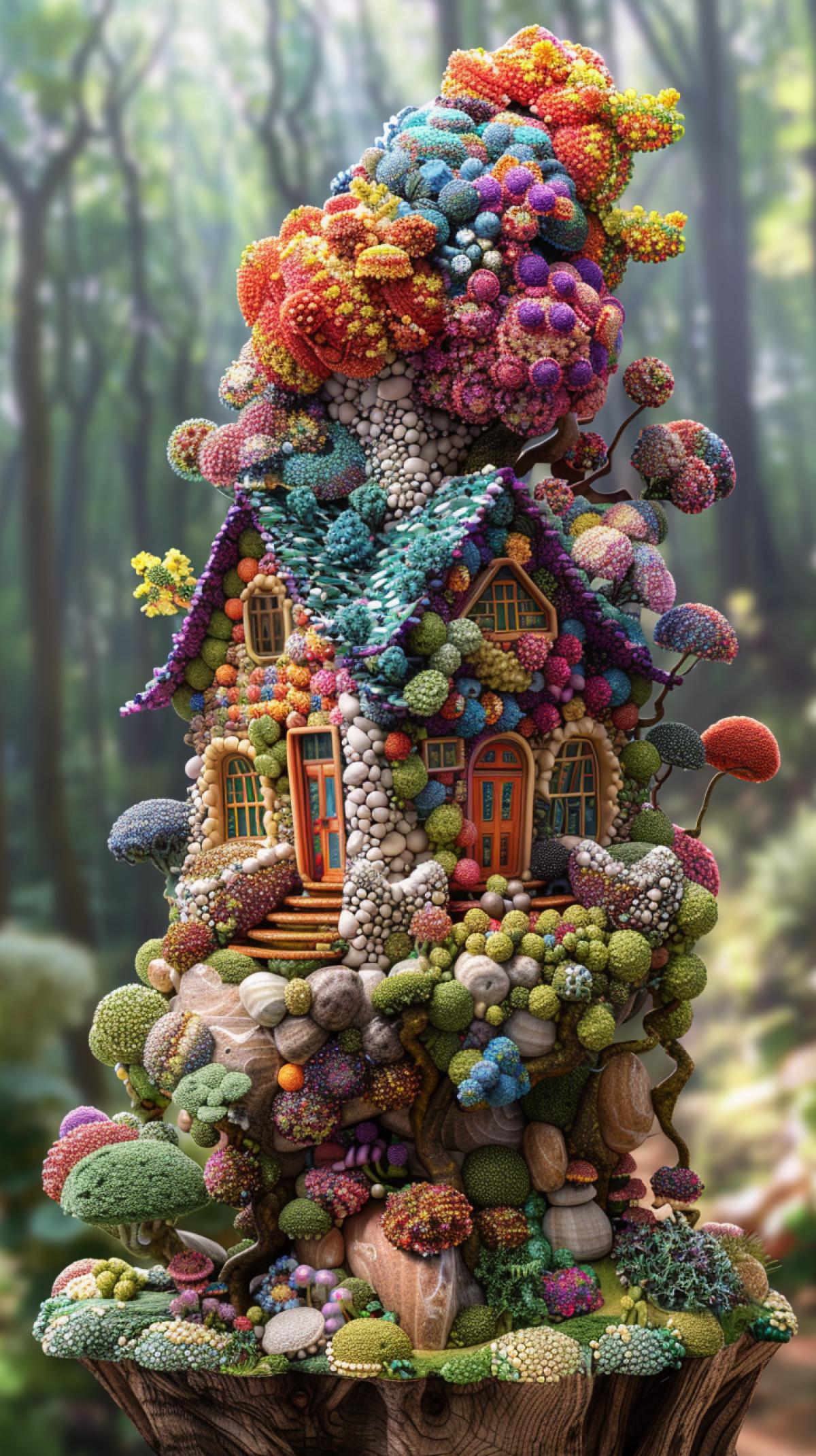 A house and a forest around it made from a vitamin-mineral complex of 320 different antioxidants without pills or bottles, 3d, colorful, intricate