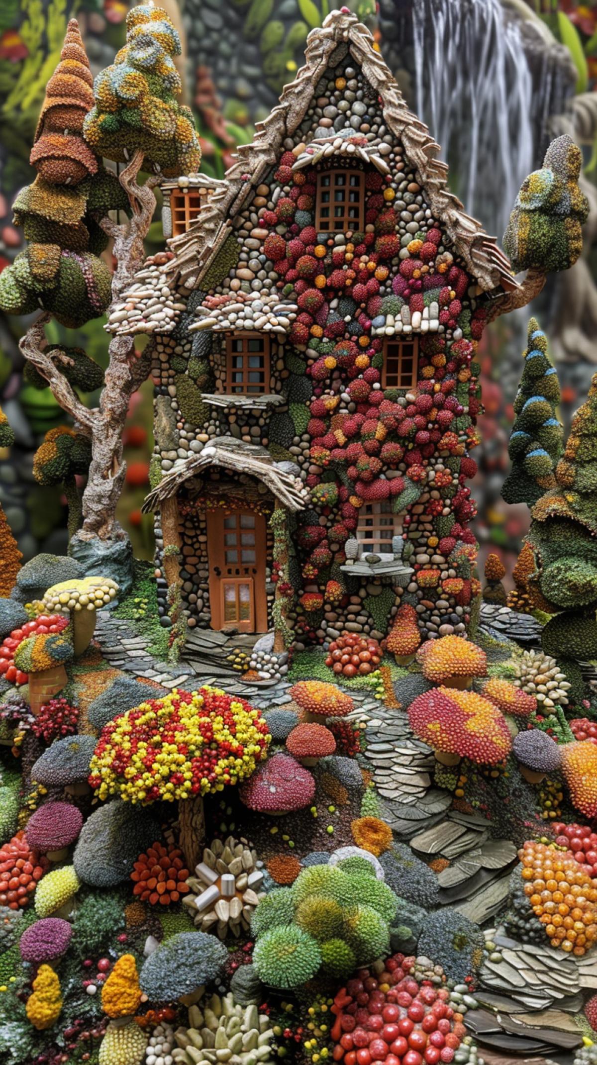 A house and a forest around it made from a vitamin-mineral complex of 320 different antioxidants without pills or bottles, 3d, colorful, intricate