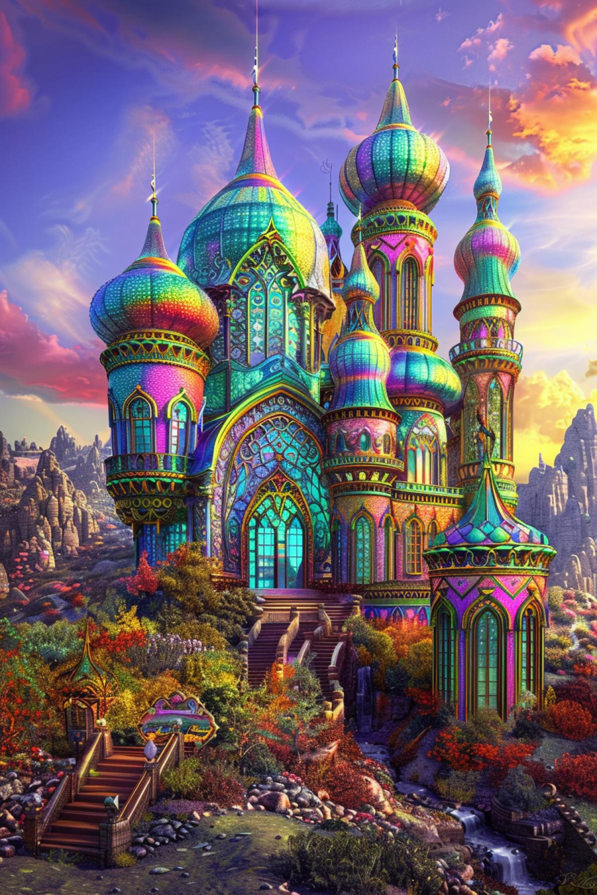 Design an intricate image of a psychedelic mansion in a surreal, dreamlike setting. The mansions architecture features flowing, asymmetrical forms with vibrant, rainbow-colored surfaces that seem to pulse with life. Stained glass windows depict fractal patterns and abstract designs, casting colorful light onto the surroundings. The roof is adorned with twisting spires and domes that defy conventional geometry. The com4k emphasizes the otherworldly and fantastical nature of the mansion, blending the boundaries between reality and hallucination.