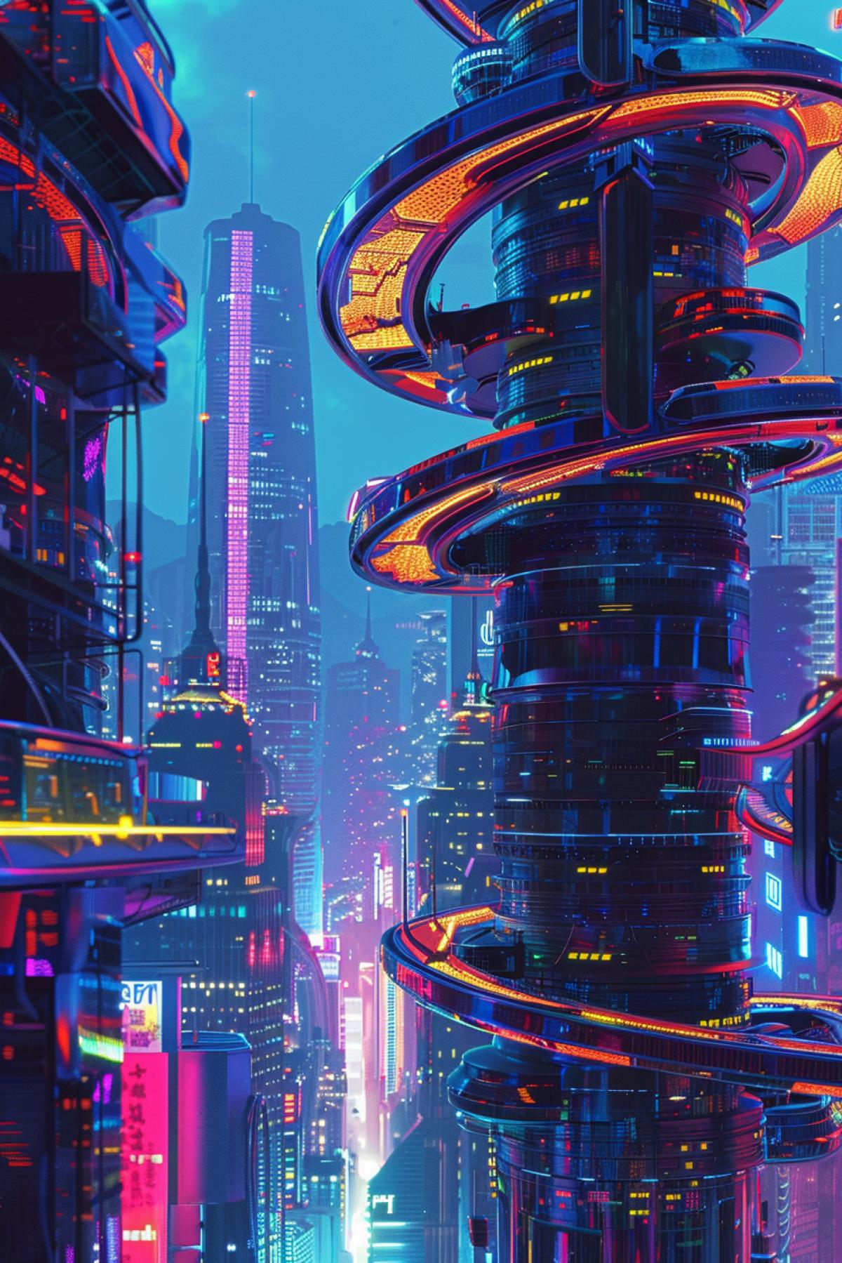 Create a stunning image of a psychedelic skyscraper in a futuristic cityscape. The buildings facade is a mesmerizing blend of fluid, organic shapes that twist and spiral upwards, adorned with holographic panels that shift colors and patterns like a kaleidoscope. The structure is illuminated by a spectrum of neon lights, casting vibrant reflections on nearby buildings. The sky is a deep, iridescent blue, enhancing the surreal, dreamlike quality of the scene. The com4k captures the essence of psychedelic architecture, where traditional forms are reimagined with a hallucinogenic twist.