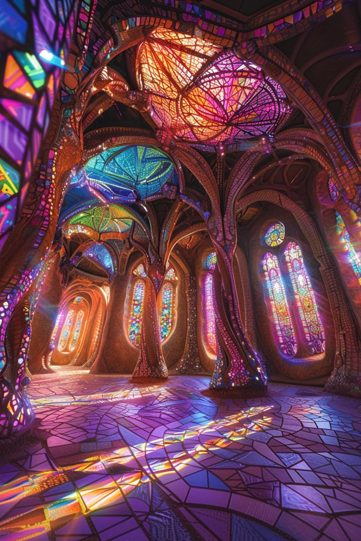 Design an image of a psychedelic cathedral in a fantastical landscape. The cathedrals architecture is a blend of Gothic and surreal elements, with towering spires that twist and undulate towards the heavens. The walls are covered in shimmering, iridescent mosaics that depict abstract, dreamlike scenes. Stained glass windows project vibrant, multicolored light, creating a kaleidoscopic interior. The roof is adorned with intricate, organic shapes that seem to grow and evolve. The com4k captures the spiritual and otherworldly essence of a cathedral reimagined through the lens of psychedelic architecture.