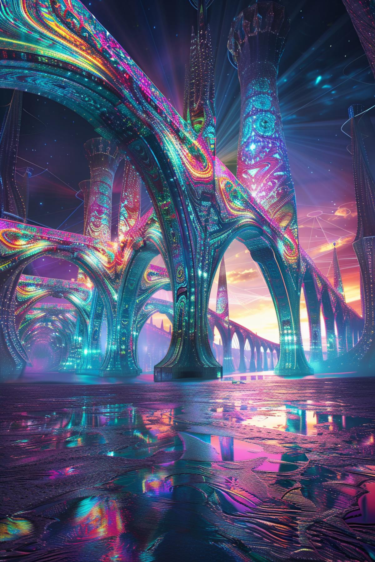 Create a captivating scene of a psychedelic bridge spanning a wide, iridescent river. The bridges structure is com4kd of fluid, serpentine arches that glow with shifting colors, creating a hypnotic effect. The surface is covered in intricate, luminous patterns that resemble moving fractals and mandalas. The bridge is anchored by towers that spiral into the sky, their forms constantly changing. The com4k highlights the surreal and dynamic nature of psychedelic architecture, transforming a simple bridge into a visual spectacle.