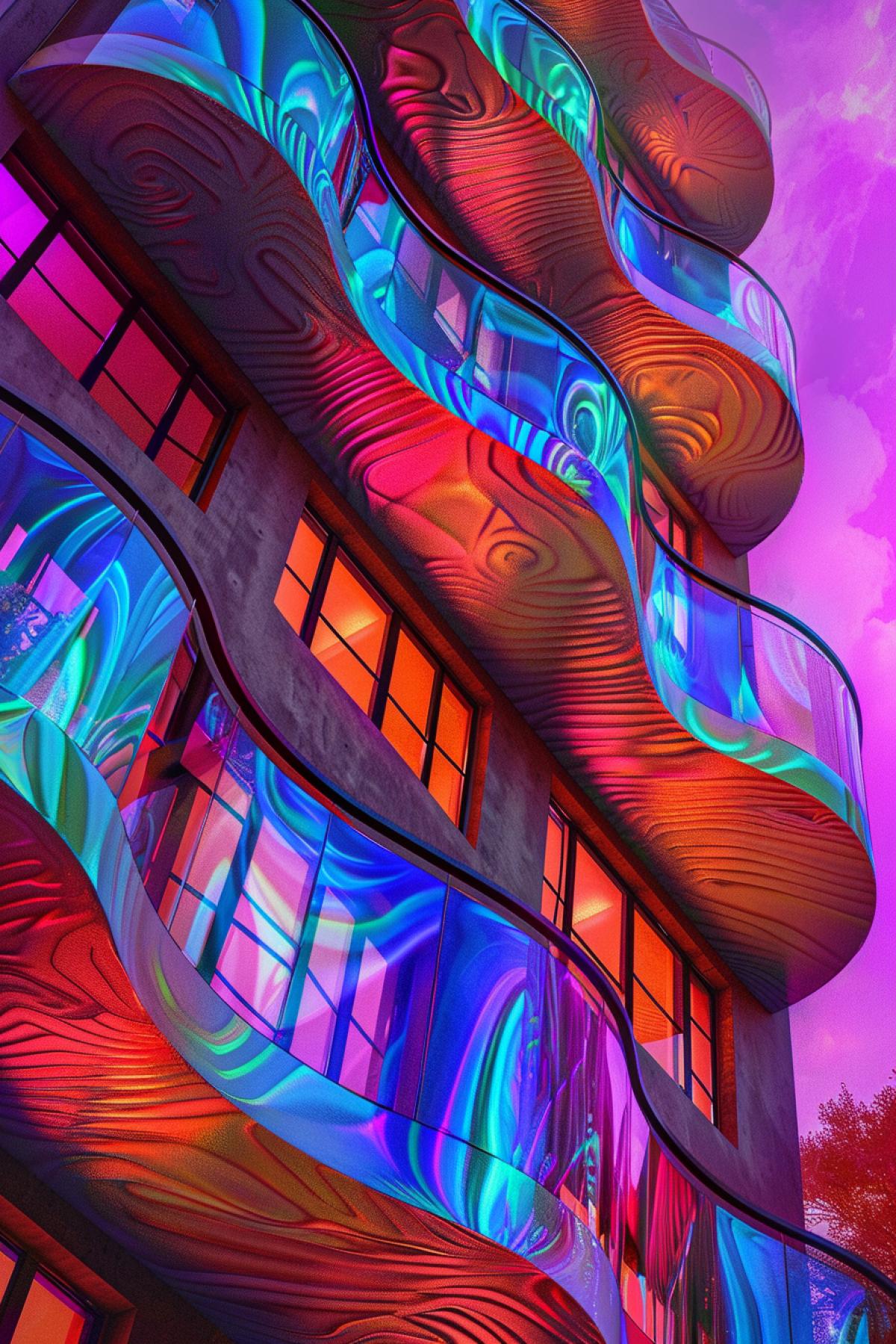 Create an image of a psychedelic apartment complex in an urban setting. The building’s facade is a mesmerizing blend of swirling, organic shapes and bright, iridescent colors. Balconies and windows follow non-linear paths, adorned with vivid, fractal-inspired patterns. The walls pulse with a spectrum of colors, giving the impression that the building is alive and breathing. The overall effect is a stunning, hallucinogenic piece of architecture that challenges traditional design and blurs the line between reality and fantasy.
