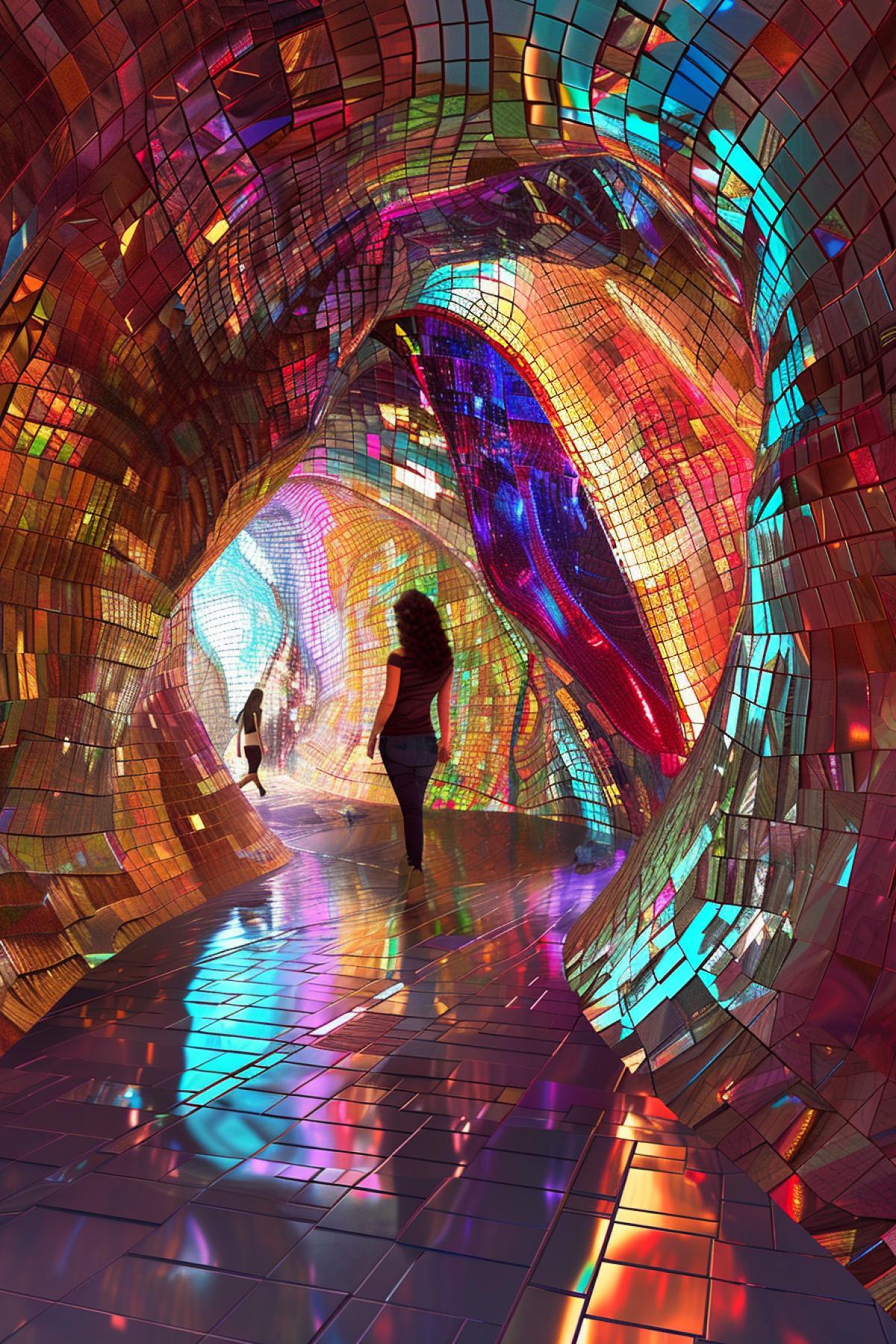 Design a detailed image of a psychedelic museum in a contemporary city. The museum’s exterior features fluid, undulating forms covered in holographic tiles that reflect and refract light in a dazzling array of colors. The entrance is marked by a large, surreal archway that twists and turns in impossible ways. Inside, the walls and ceilings continue the theme with vibrant, kaleidoscopic patterns and luminous displays. The com4k emphasizes the innovative and immersive nature of the museum, creating an architectural marvel that captivates and astonishes viewers.