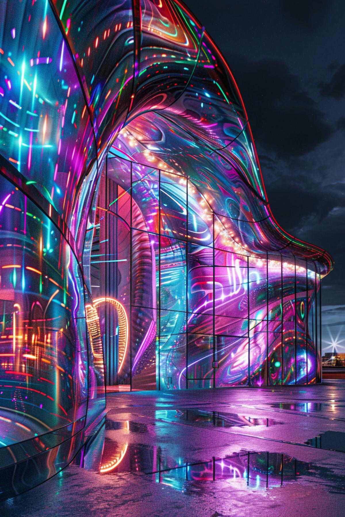 Design a striking image of a psychedelic concert hall. The building’s exterior is predominantly dark, with glossy surfaces that reflect the surrounding city lights. Iridescent patterns and swirling neon lines wrap around the structure, creating an optical illusion of movement and fluidity. The entrance features a large, arching doorway adorned with glowing, fractal designs that contrast sharply with the dark facade. The com4k highlights the dramatic and enchanting interplay of dark and vibrant colors, showcasing the innovative and captivating nature of psychedelic architectural design.