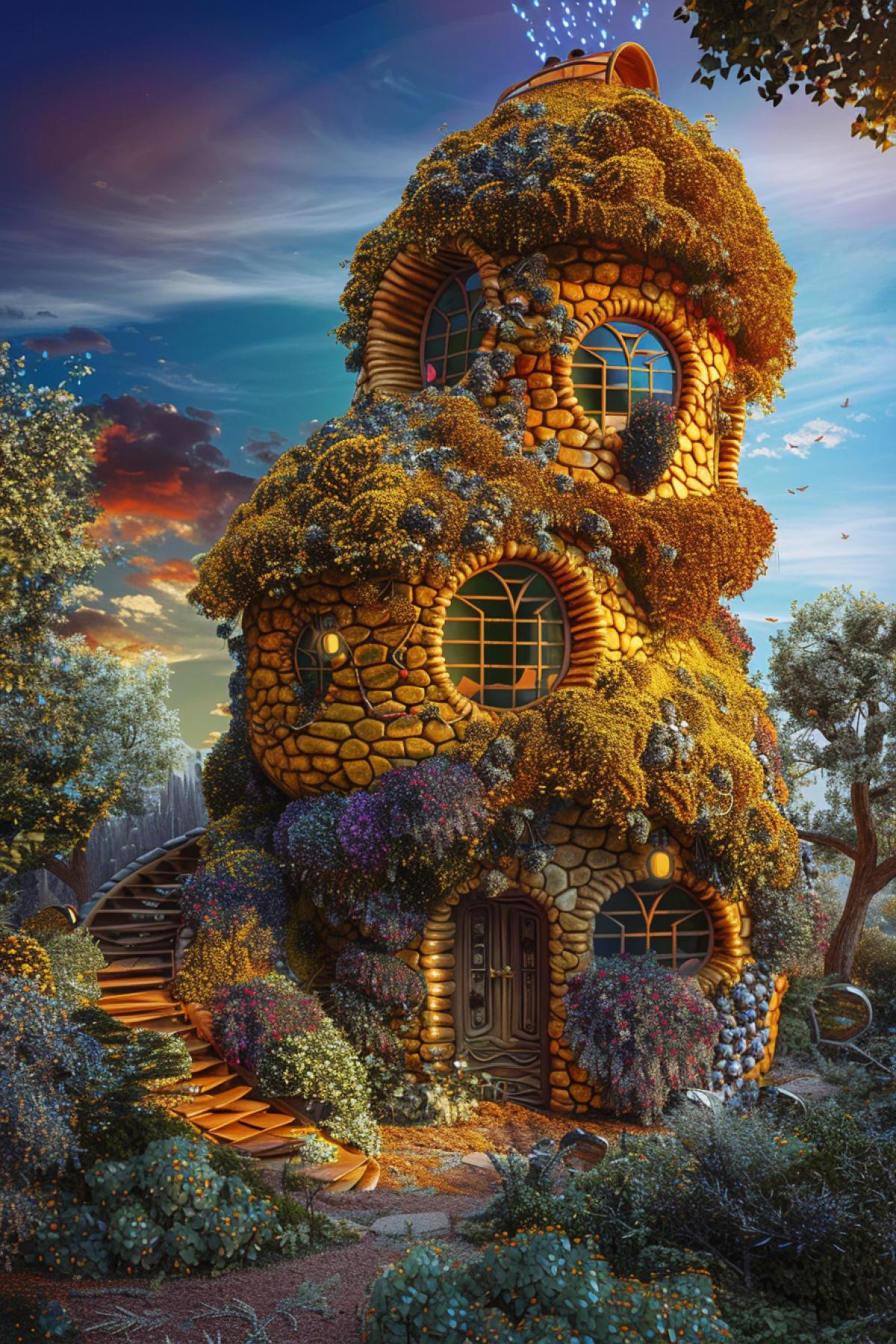 Unusual beehive house, psychedelic, realistic image, flickering, good photo quality, clear details, parallel world,