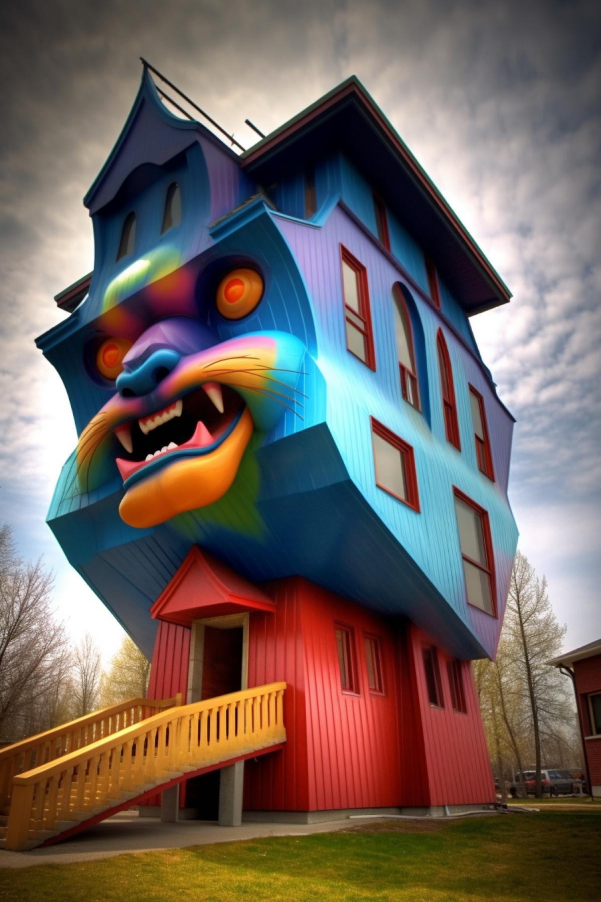 Church in the form of a huge cat, psychedelic house in LSD style