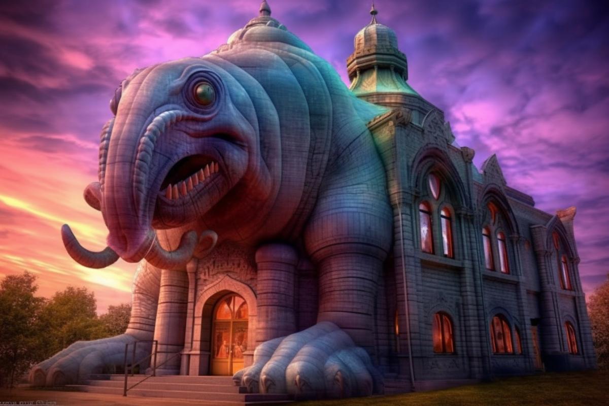Church in the form of a huge tardigrade, psychedelic church in the style of LSD