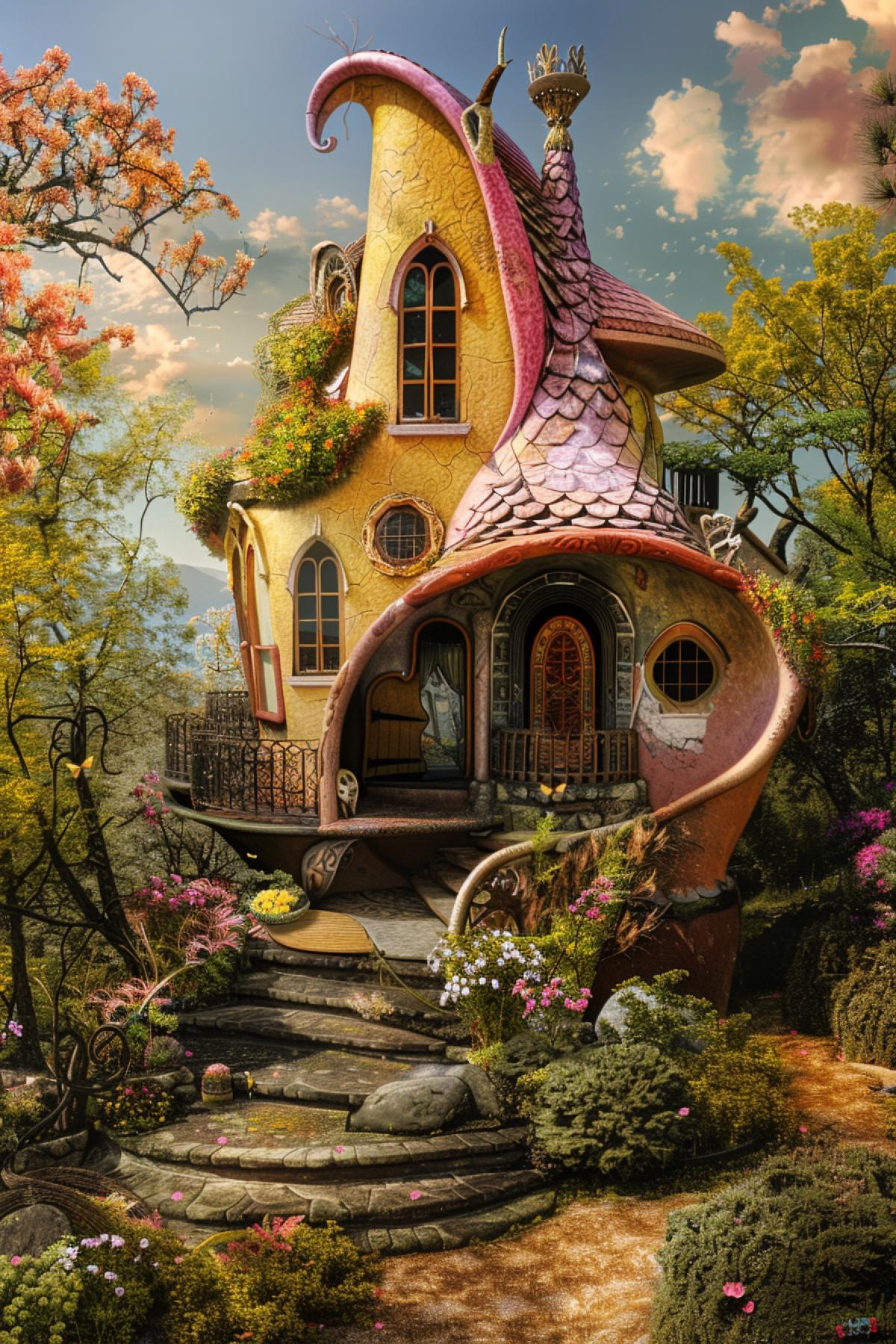 House of unusual shape, clear details, bright and rich colors, psychedelic, realistic image, good photo quality, magic