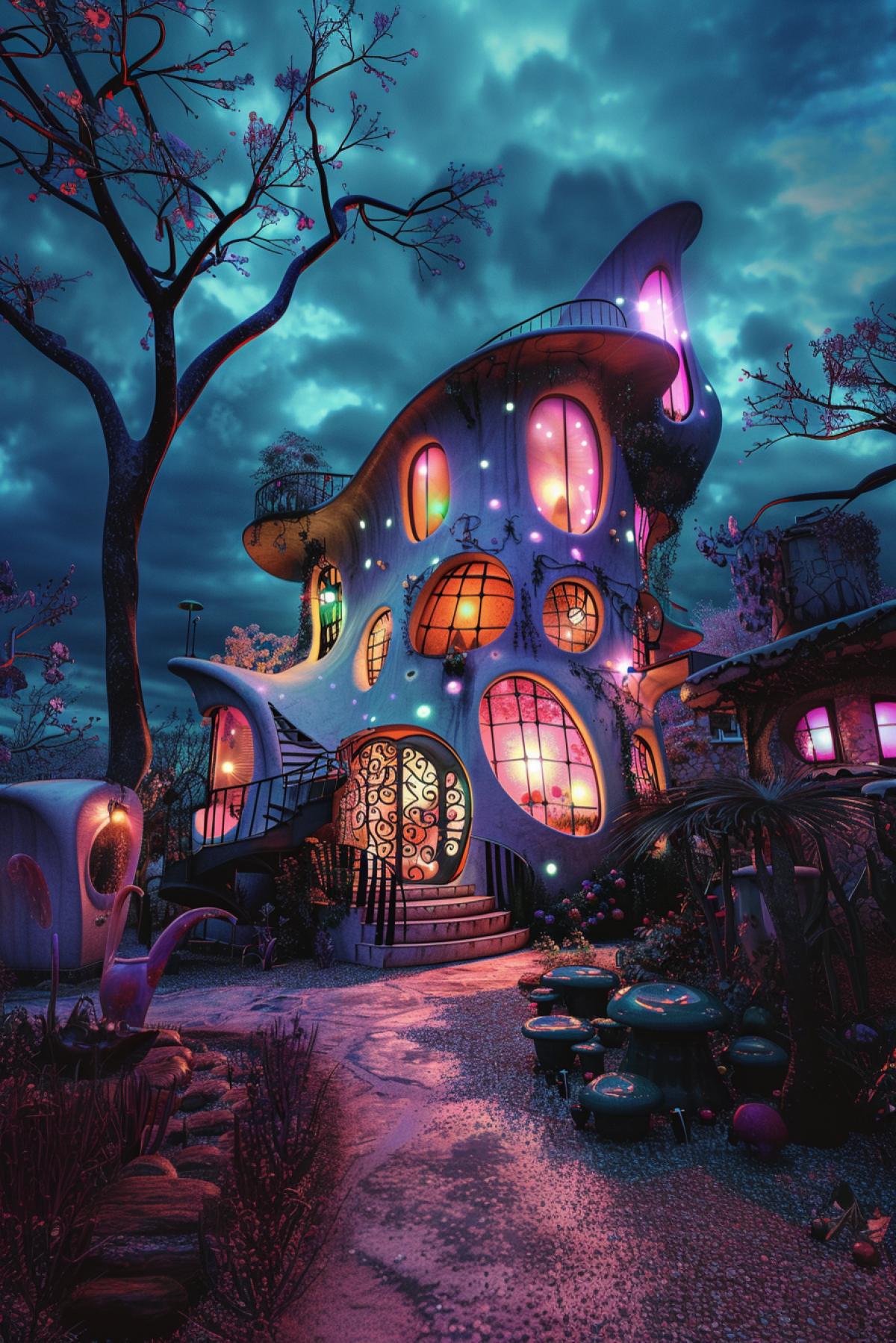 House of unusual shape, clear details, bright and rich colors, psychedelic, realistic image, good photo quality, magic